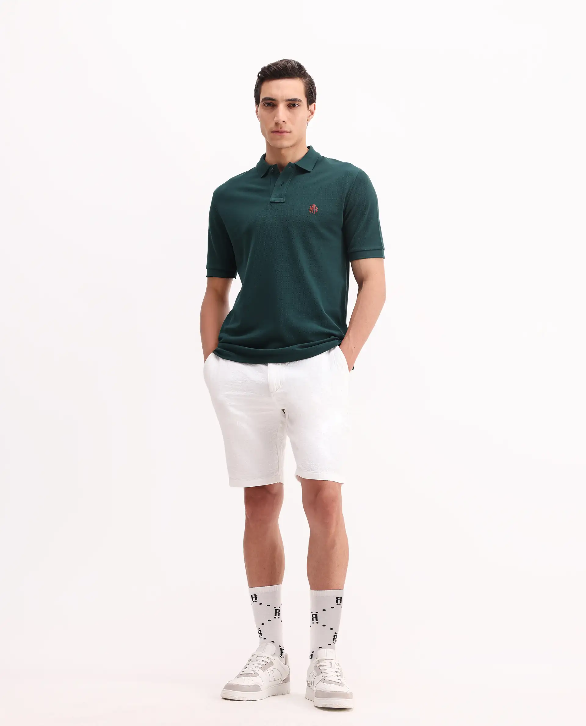 Rare Rabbit Men's Pare Green Cotton Embroidered Regular Fit Half Sleeve Polo - Image 2