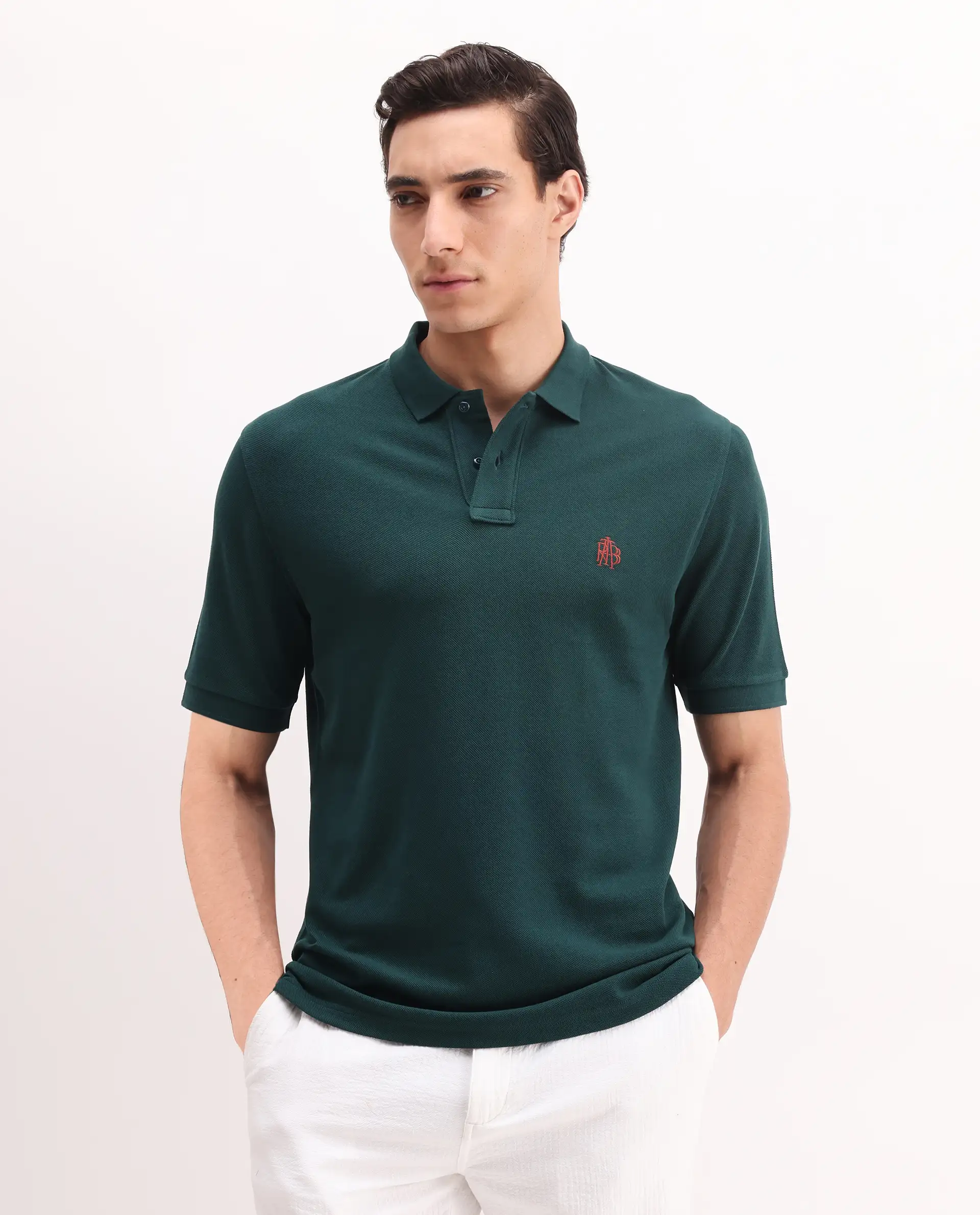 Rare Rabbit Men's Pare Green Cotton Embroidered Regular Fit Half Sleeve Polo - Image 3