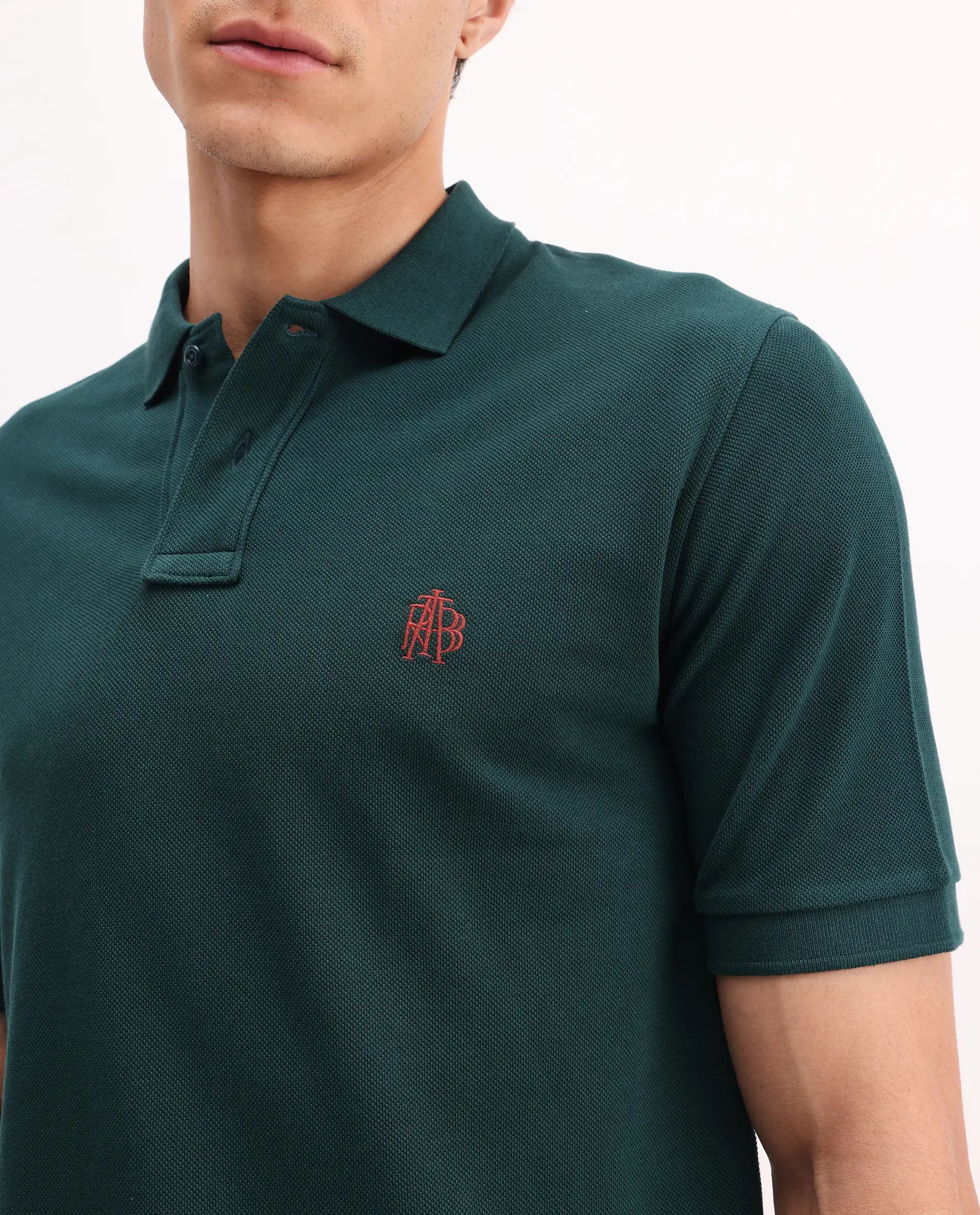 Rare Rabbit Men's Pare Green Cotton Embroidered Regular Fit Half Sleeve Polo - Image 4