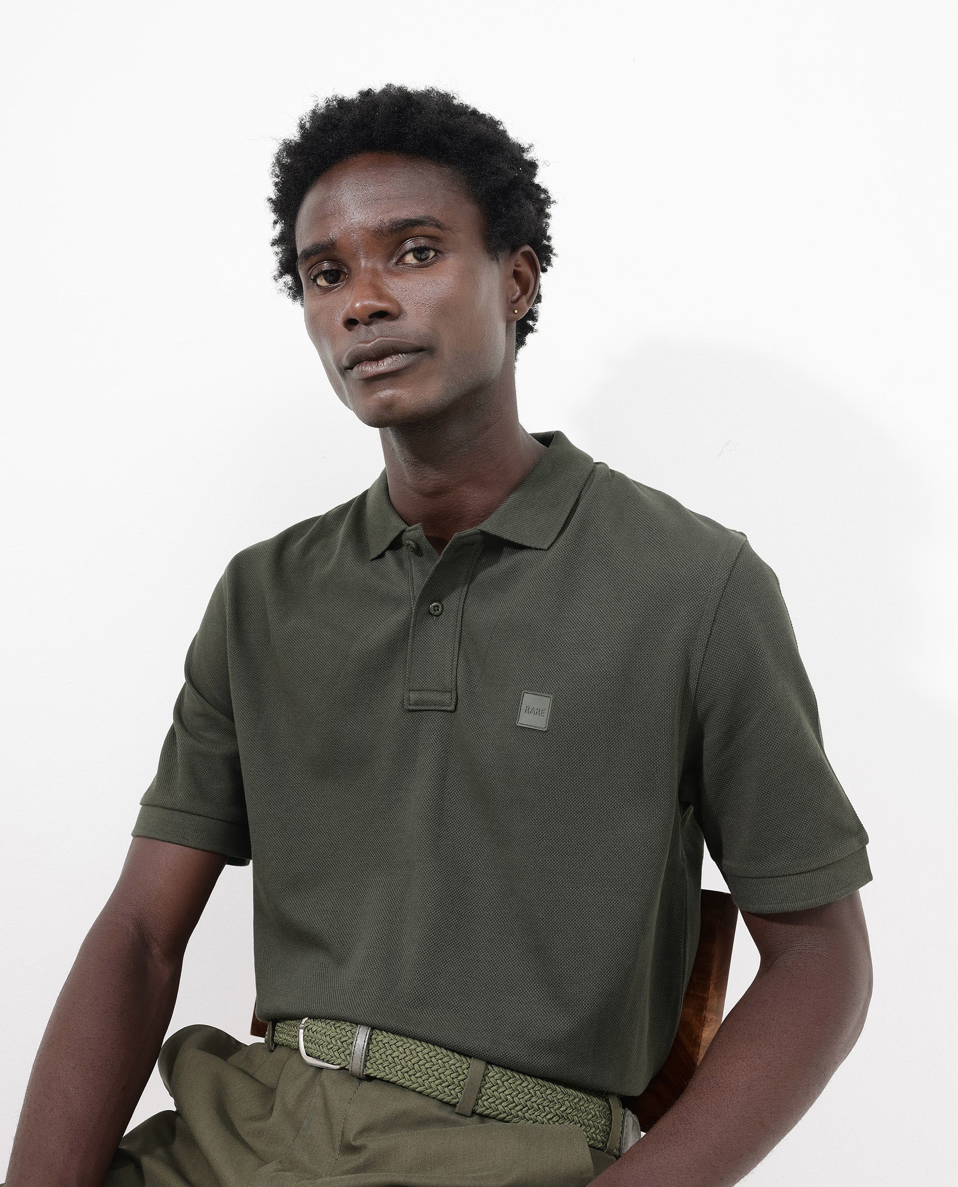 Rare Rabbit Men's Pare Dark Dark Olive Cotton Plain Regular Fit Half Sleeve Polo