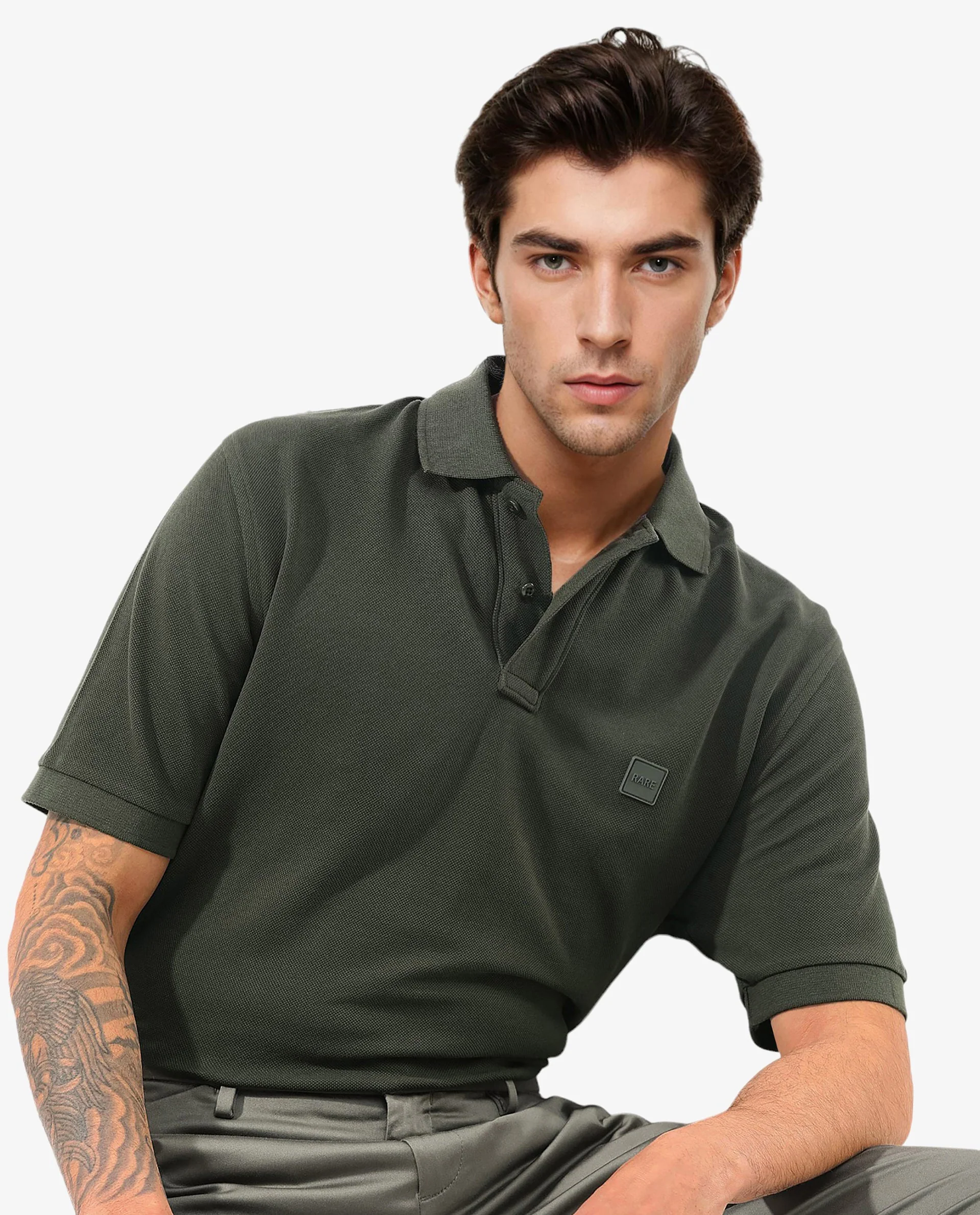 Rare Rabbit Men's Pare Dark Dark Olive Cotton Plain Regular Fit Half Sleeve Polo - Image 10