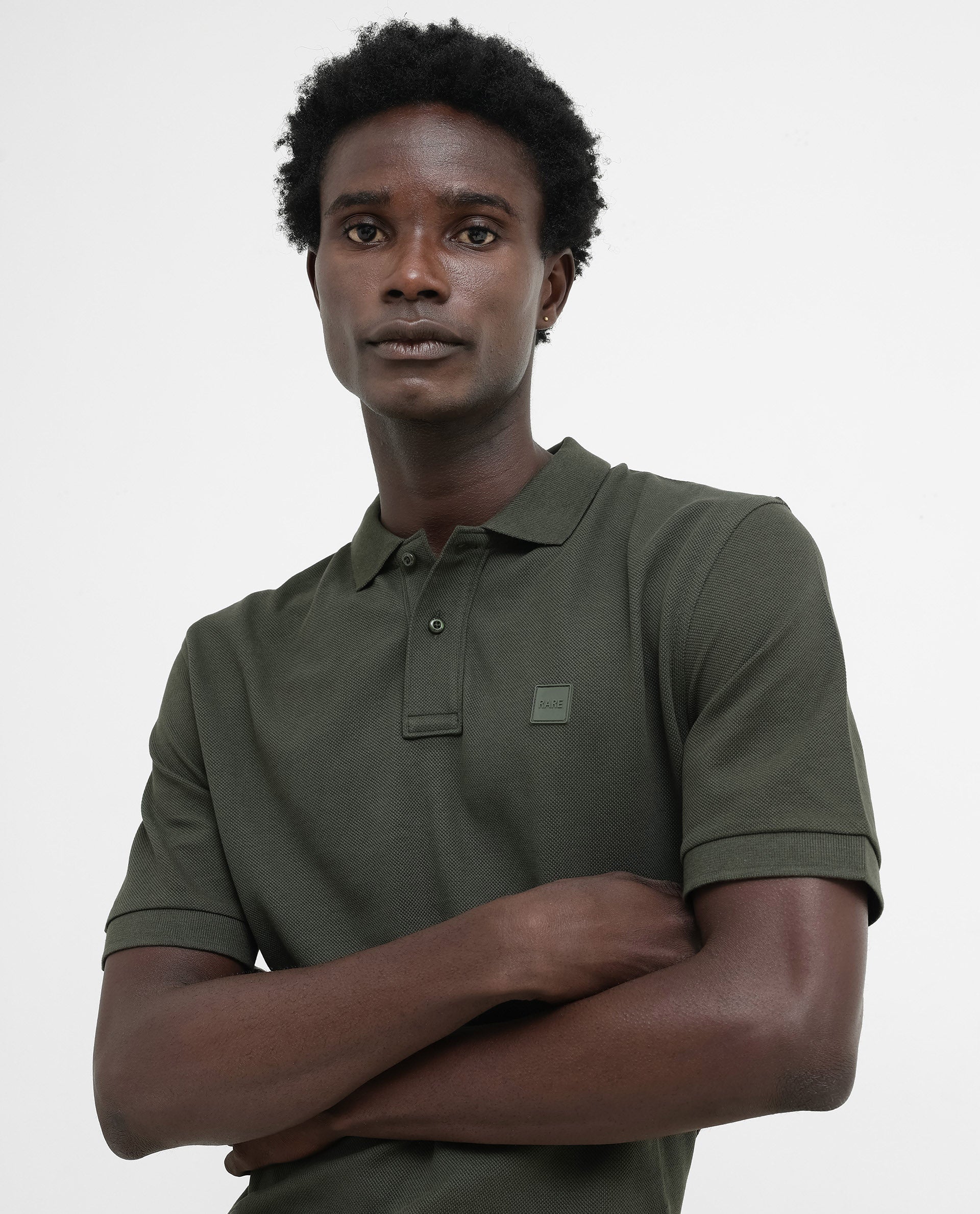 Rare Rabbit Men's Pare Dark Dark Olive Cotton Plain Regular Fit Half Sleeve Polo - Image 2