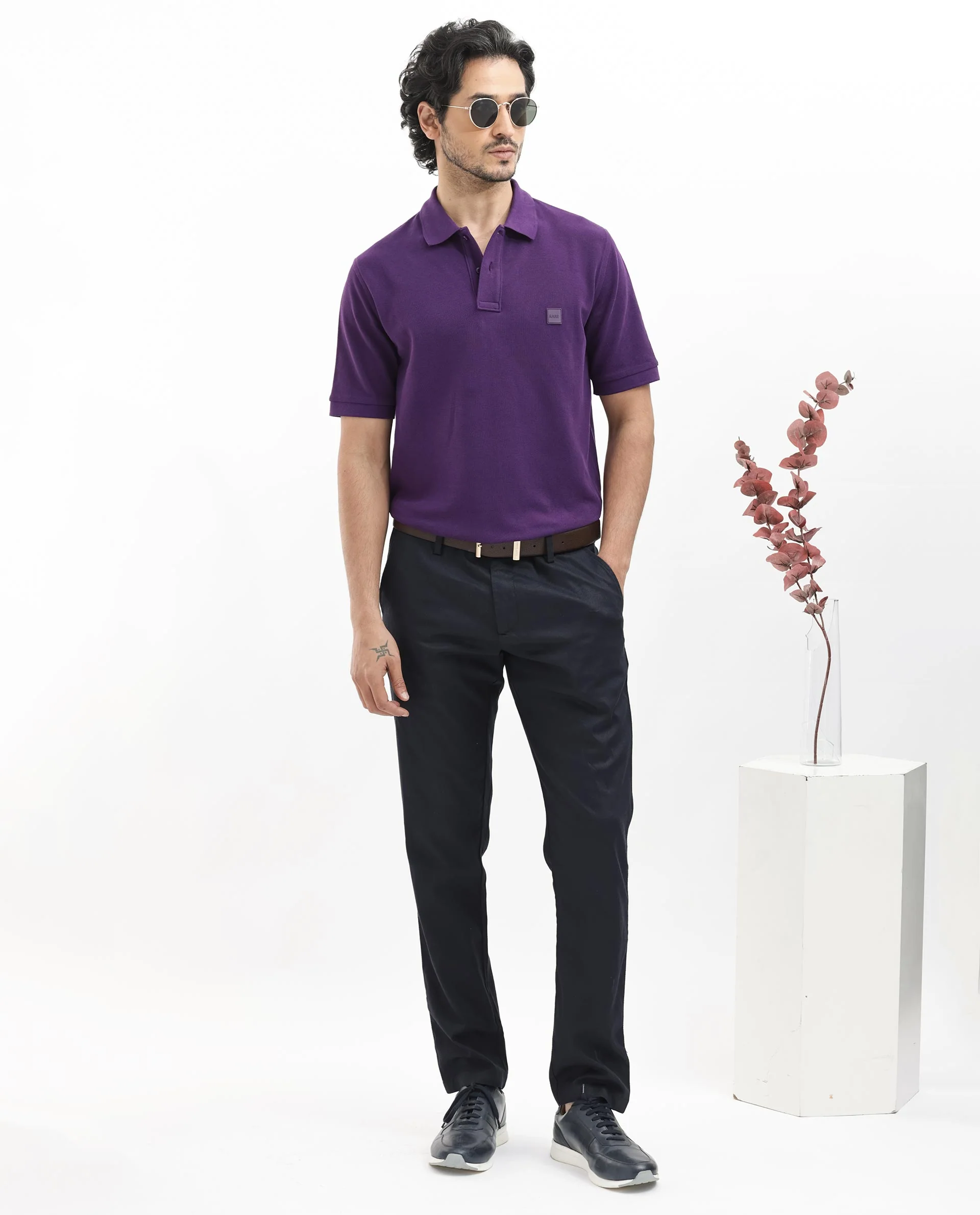 Rare Rabbit Men's Pare Dark Purple Cotton Plain Regular Fit Half Sleeve Polo - Image 2