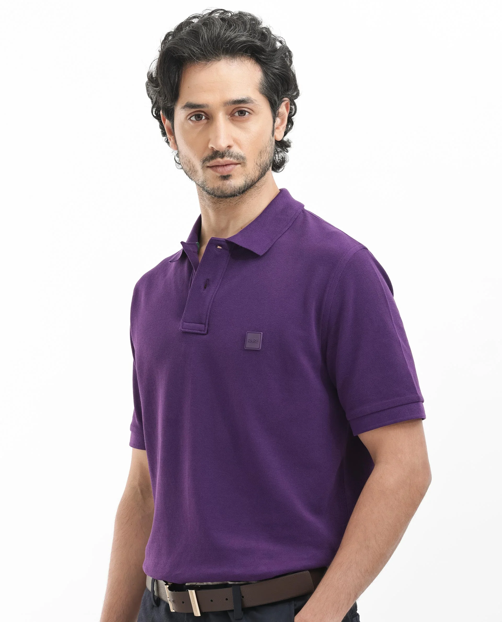 Rare Rabbit Men's Pare Dark Purple Cotton Plain Regular Fit Half Sleeve Polo - Image 3