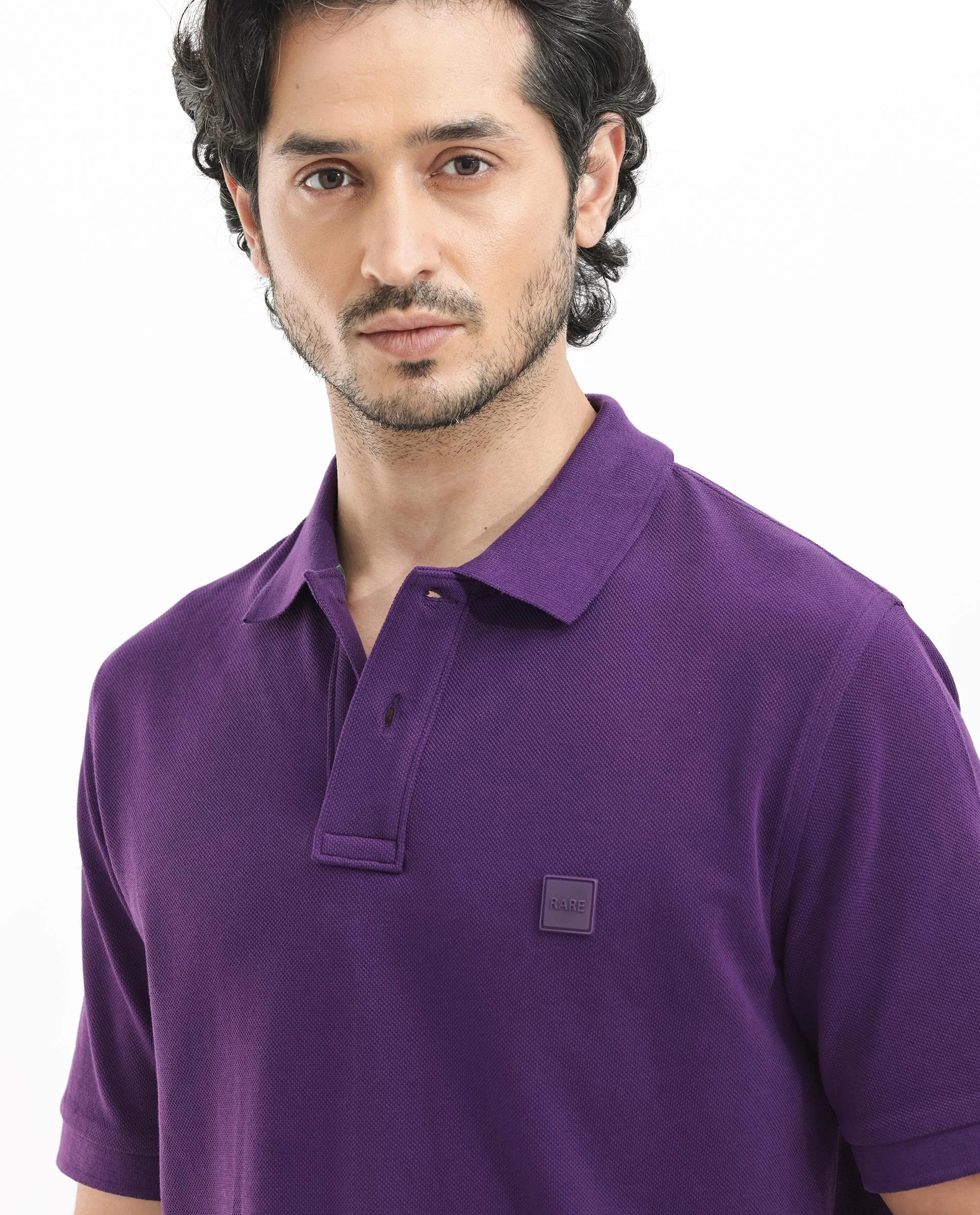 Rare Rabbit Men's Pare Dark Purple Cotton Plain Regular Fit Half Sleeve Polo - Image 4