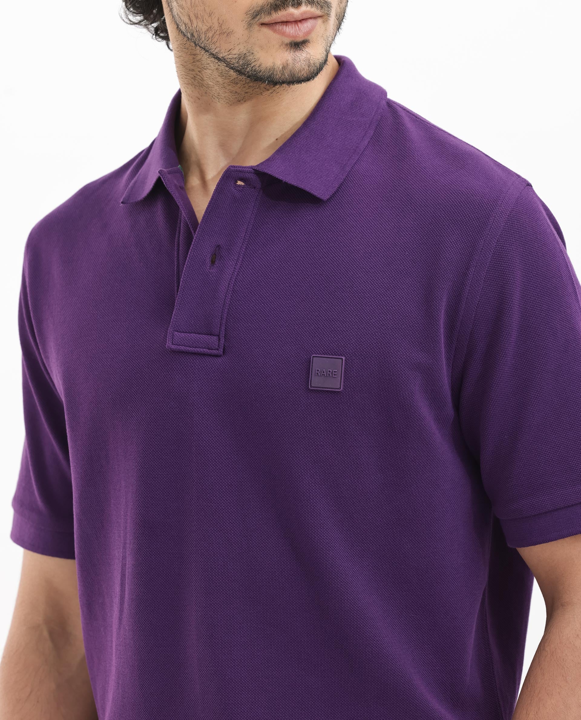 Rare Rabbit Men's Pare Dark Purple Cotton Plain Regular Fit Half Sleeve Polo - Image 5