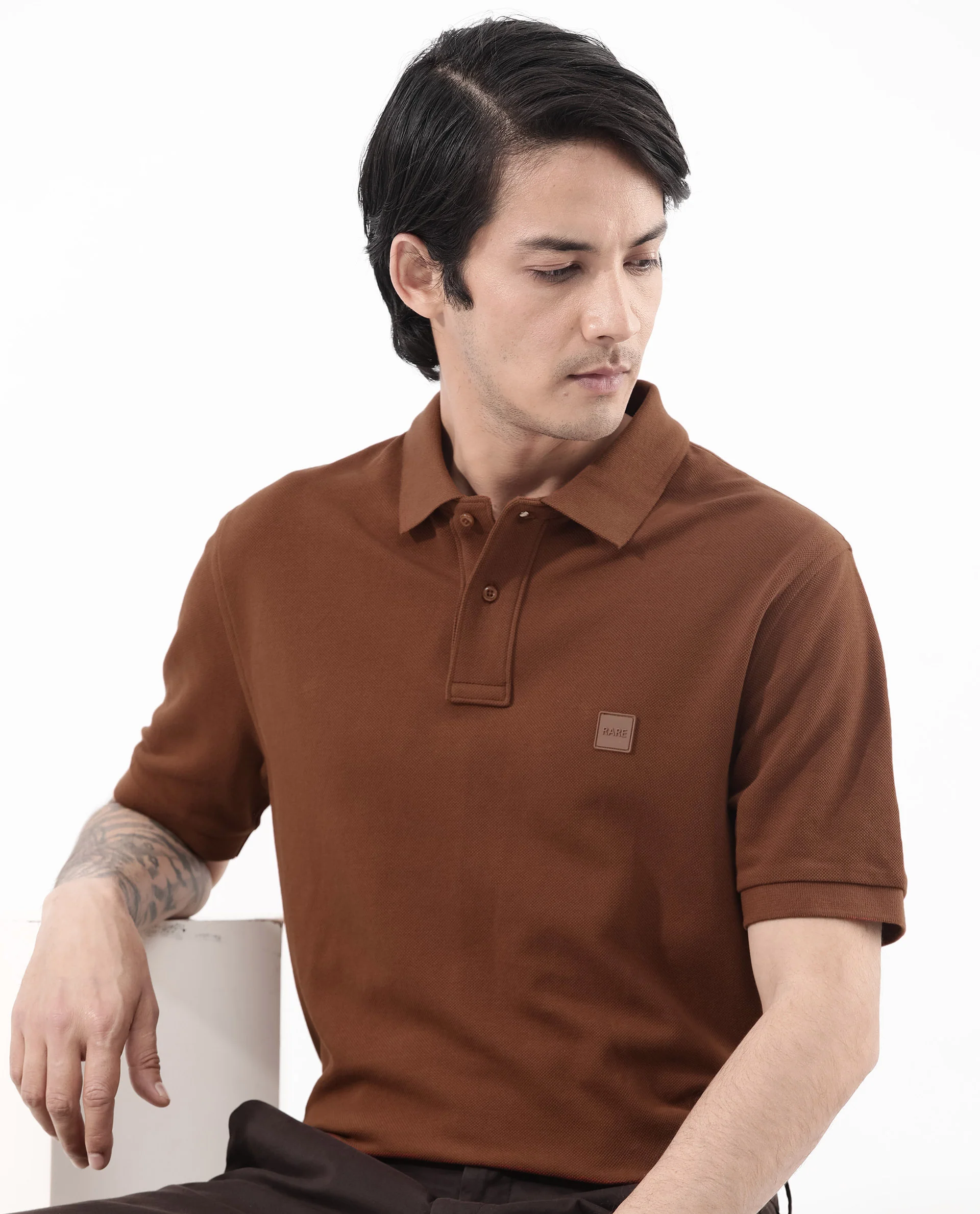 Rare Rabbit Men's Pare Dark Dark Rust Cotton Plain Regular Fit Half Sleeve Polo - Image 2