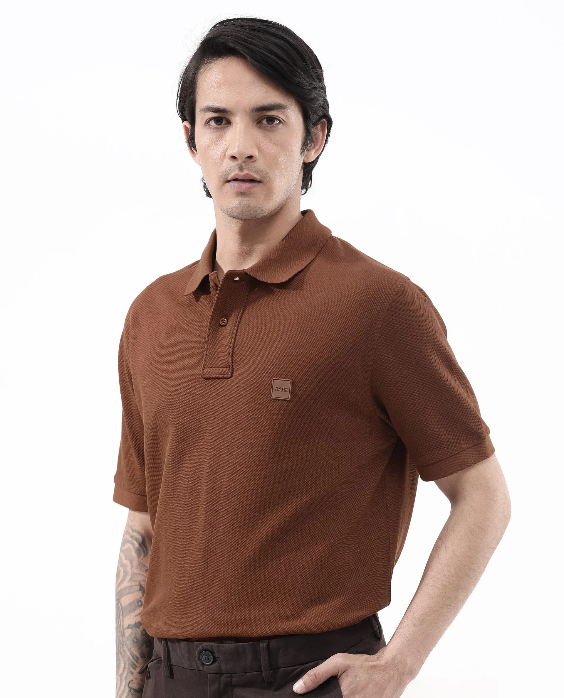 Rare Rabbit Men's Pare Dark Dark Rust Cotton Plain Regular Fit Half Sleeve Polo - Image 3