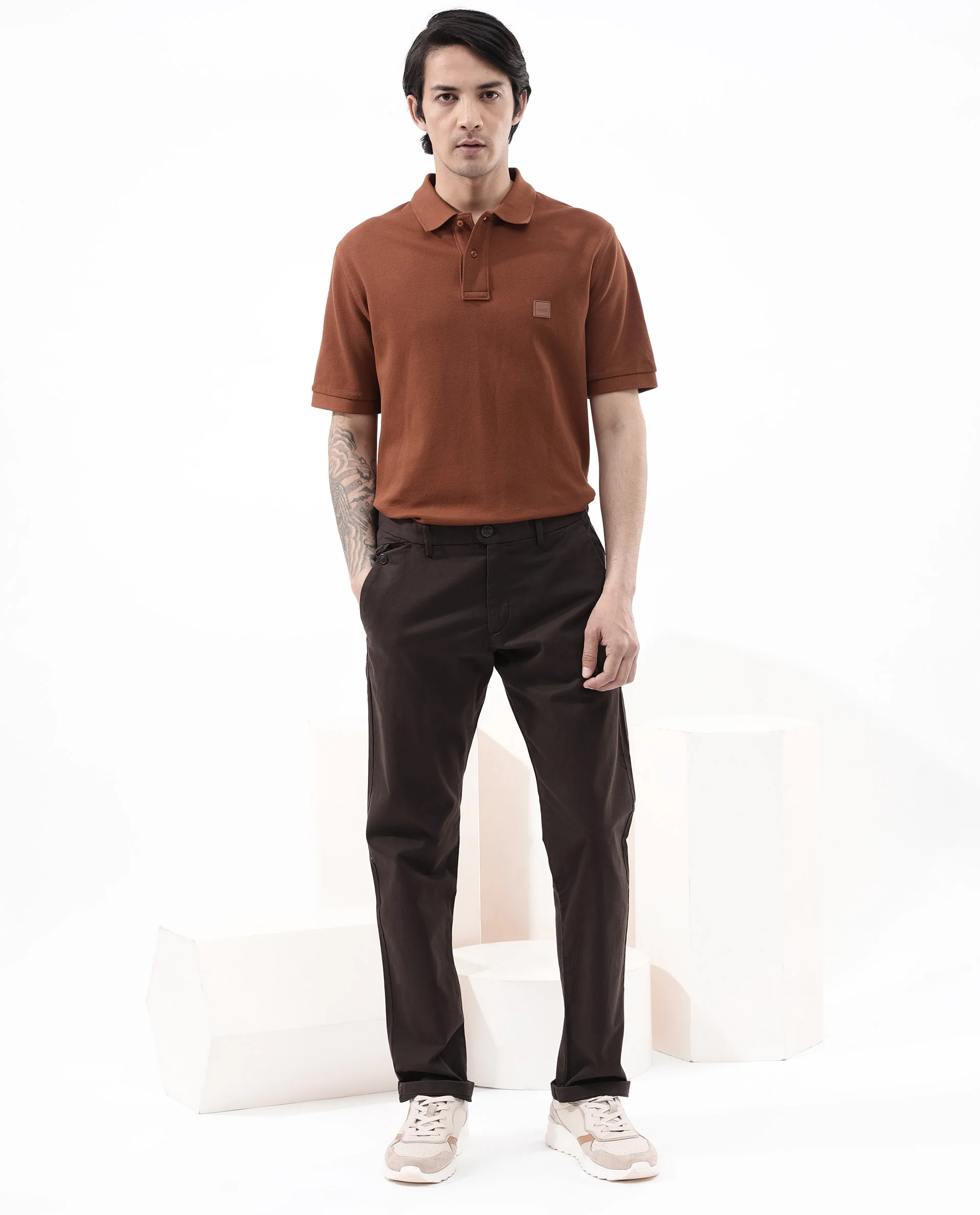 Rare Rabbit Men's Pare Dark Dark Rust Cotton Plain Regular Fit Half Sleeve Polo - Image 4