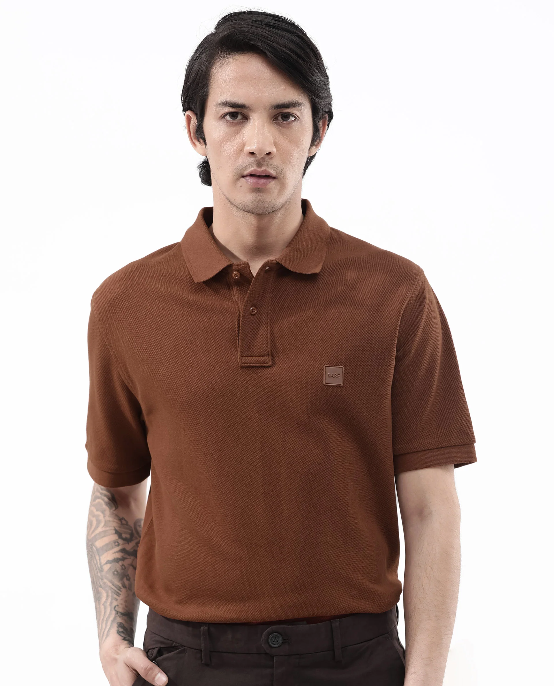 Rare Rabbit Men's Pare Dark Dark Rust Cotton Plain Regular Fit Half Sleeve Polo - Image 9