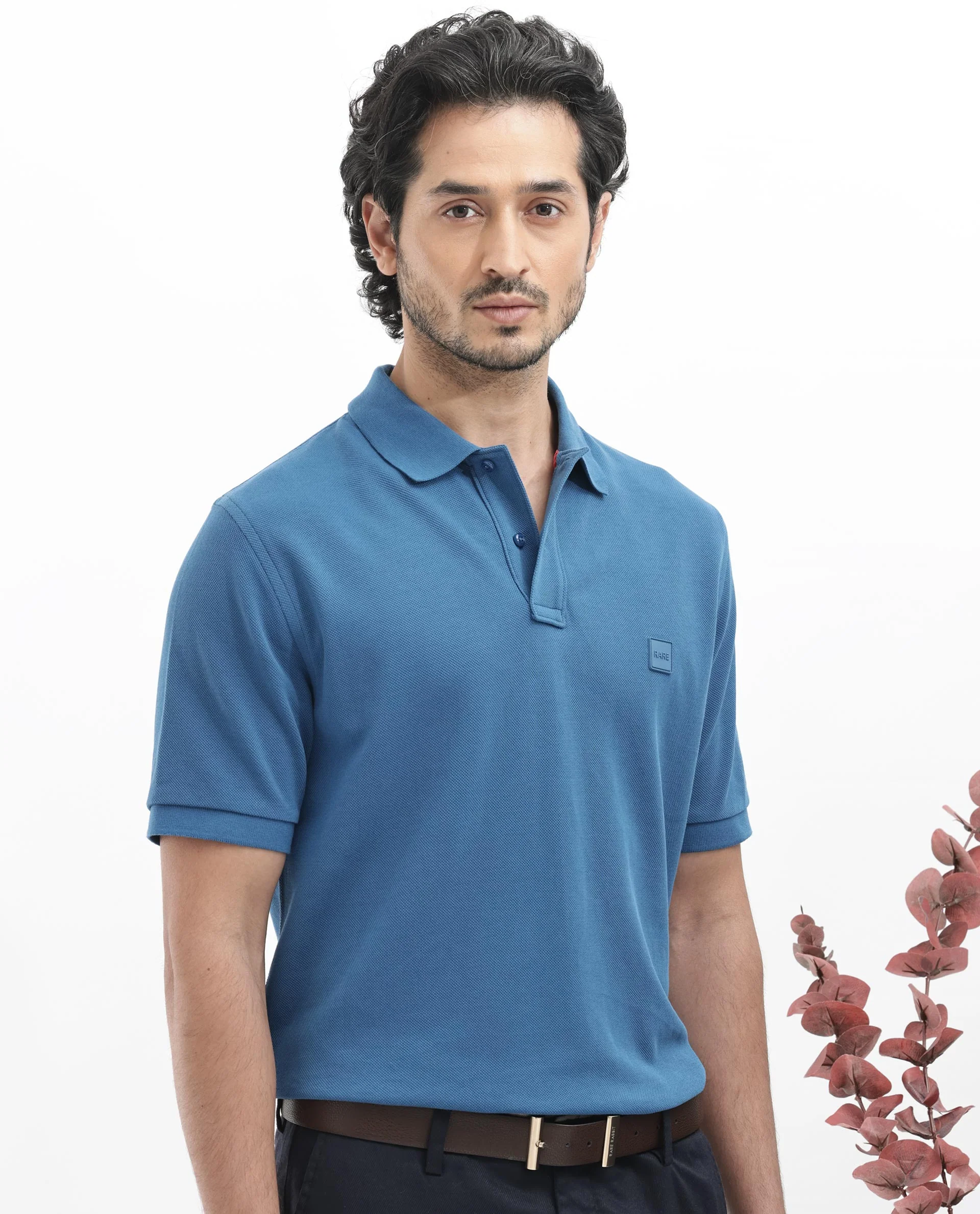 Rare Rabbit Men's Pare Dark Dusky Blue Cotton Plain Regular Fit Half Sleeve Polo