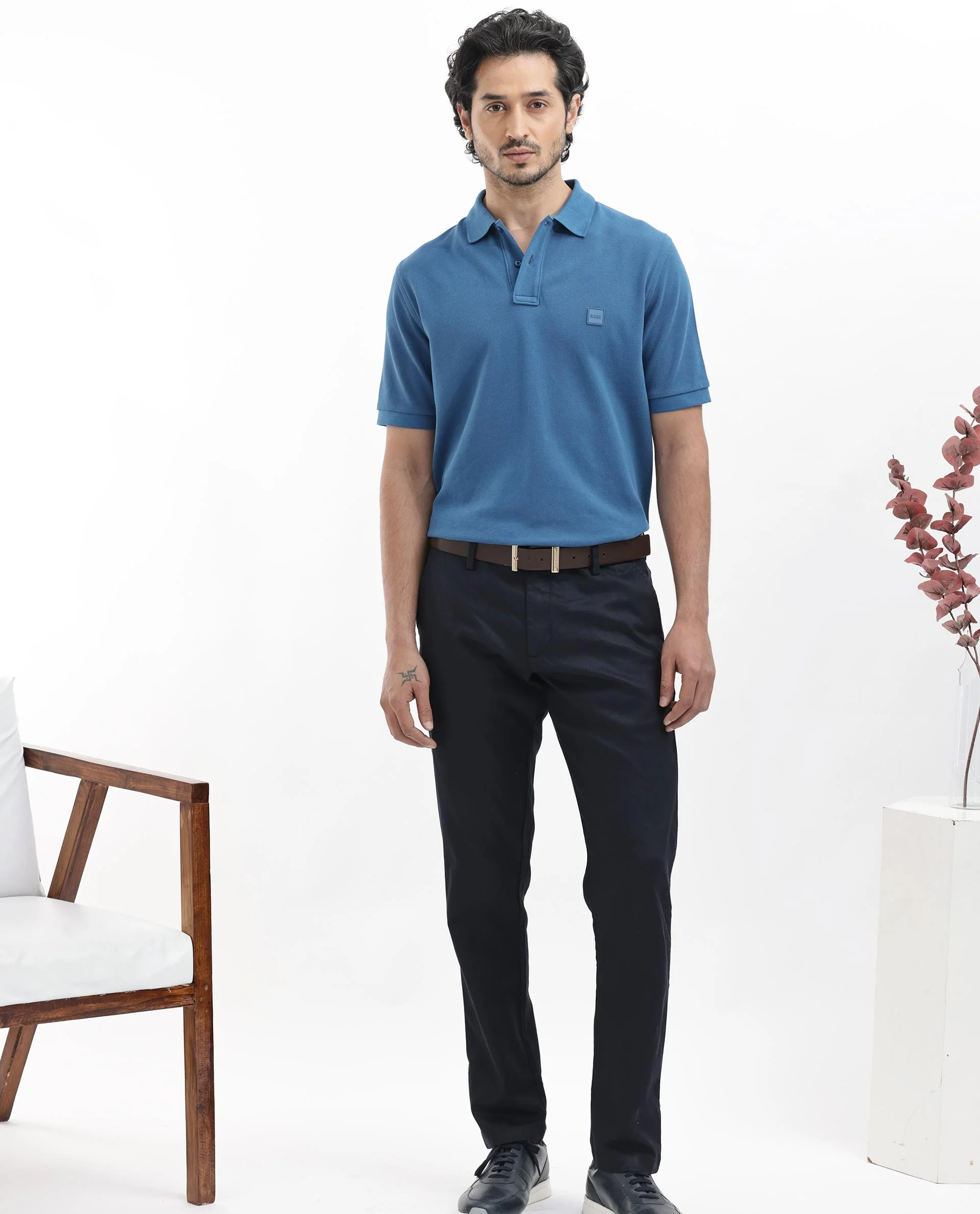 Rare Rabbit Men's Pare Dark Dusky Blue Cotton Plain Regular Fit Half Sleeve Polo - Image 2
