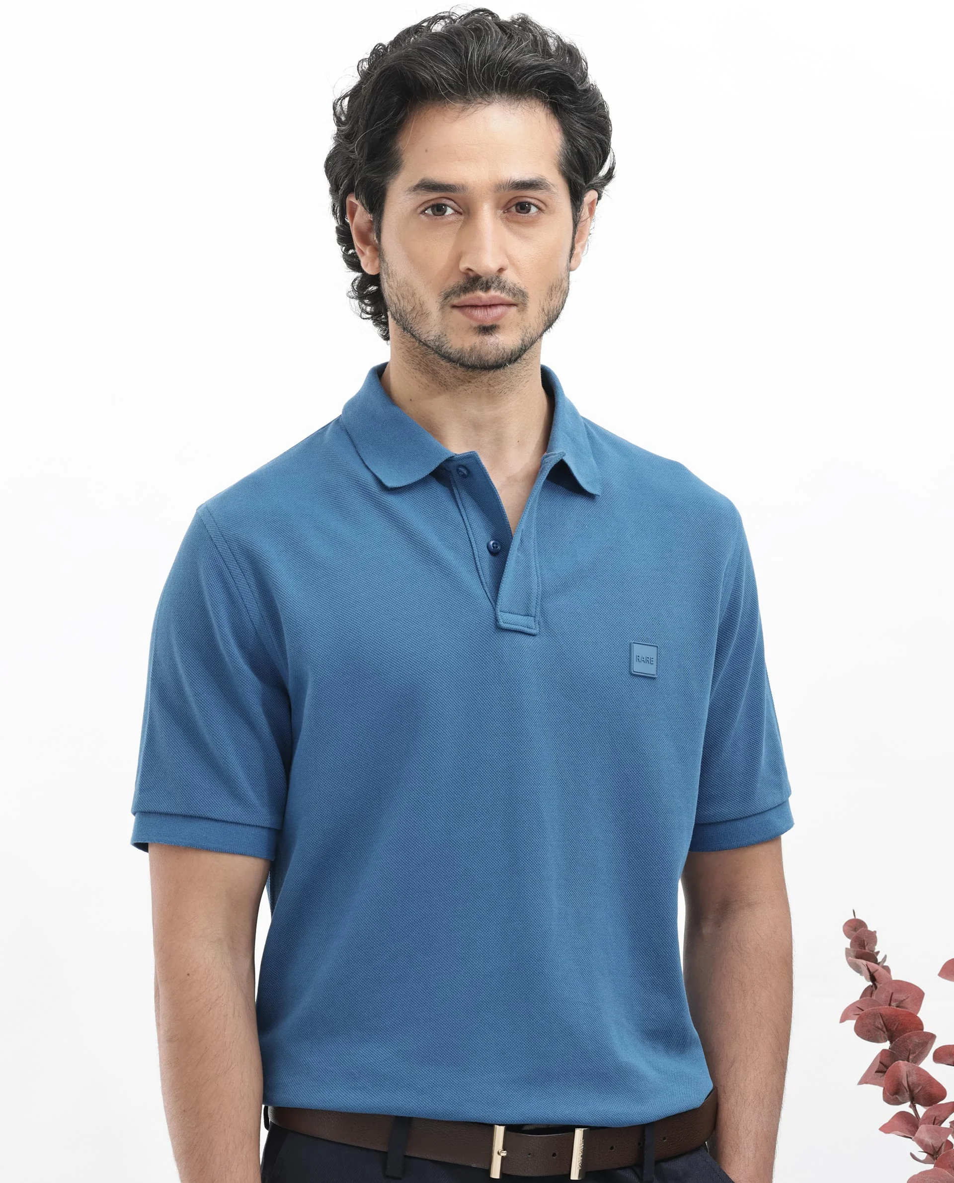 Rare Rabbit Men's Pare Dark Dusky Blue Cotton Plain Regular Fit Half Sleeve Polo - Image 3