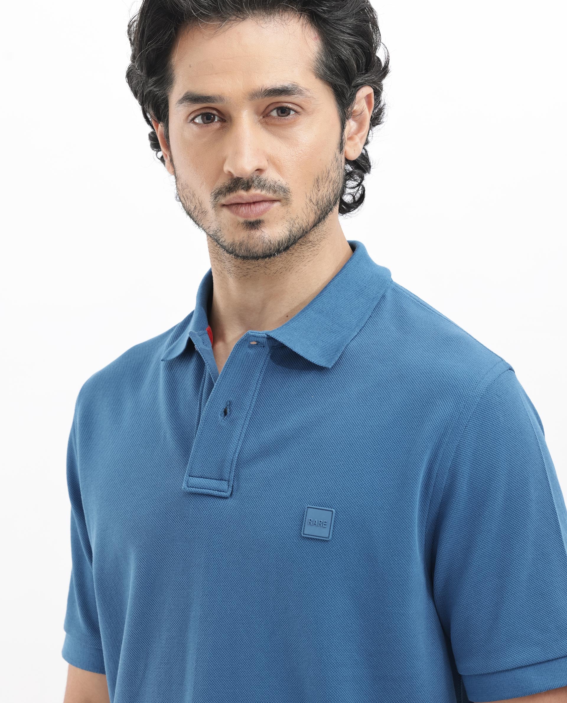 Rare Rabbit Men's Pare Dark Dusky Blue Cotton Plain Regular Fit Half Sleeve Polo - Image 4