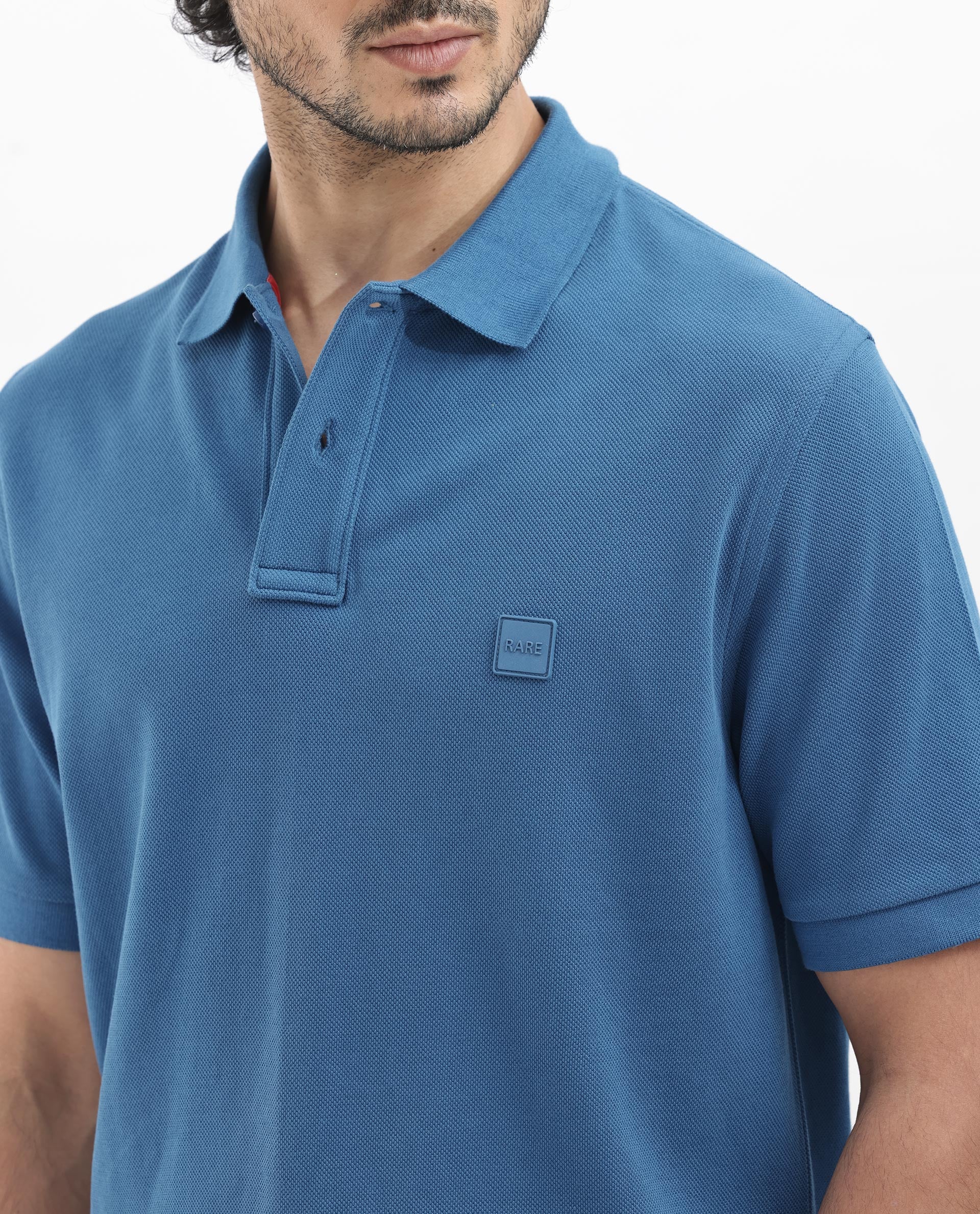 Rare Rabbit Men's Pare Dark Dusky Blue Cotton Plain Regular Fit Half Sleeve Polo - Image 5