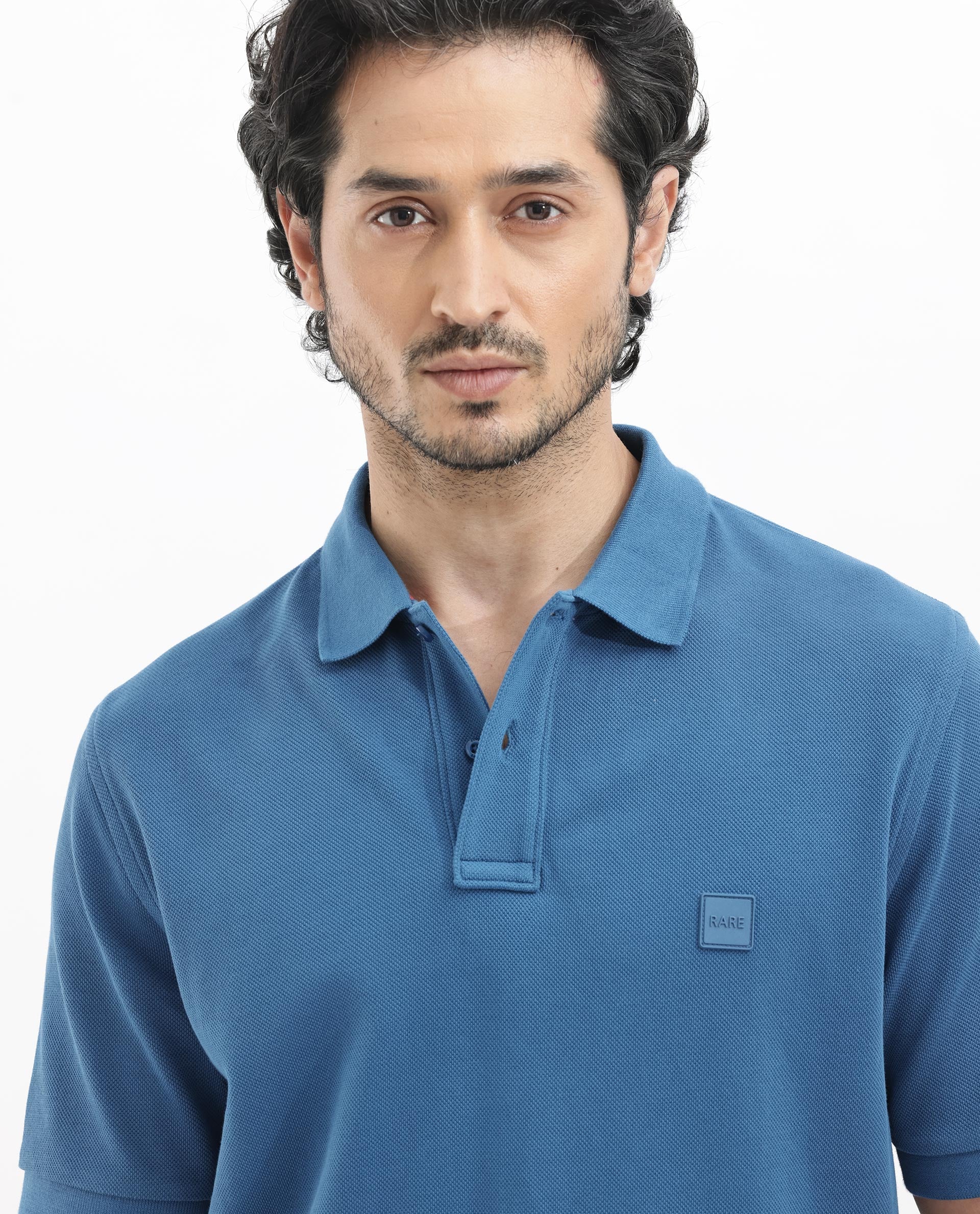 Rare Rabbit Men's Pare Dark Dusky Blue Cotton Plain Regular Fit Half Sleeve Polo - Image 7