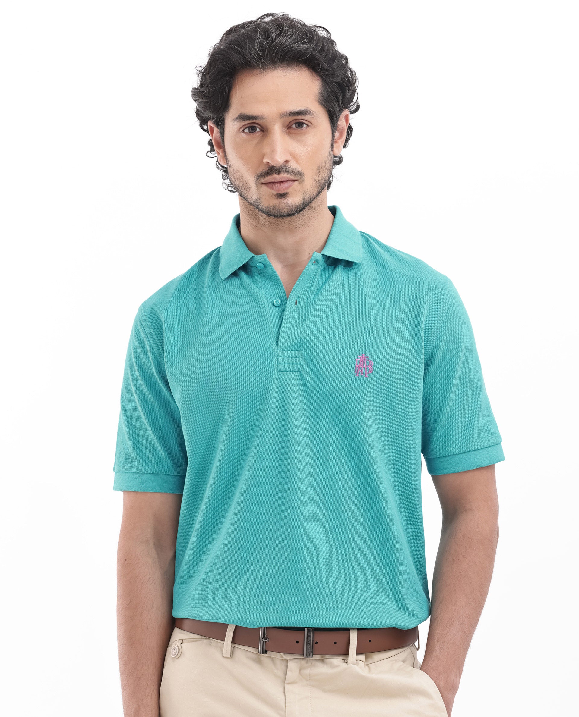 Rare Rabbit Men's Paret-Bright Aqua Cotton Embroidered Regular Fit Half Sleeve Polo