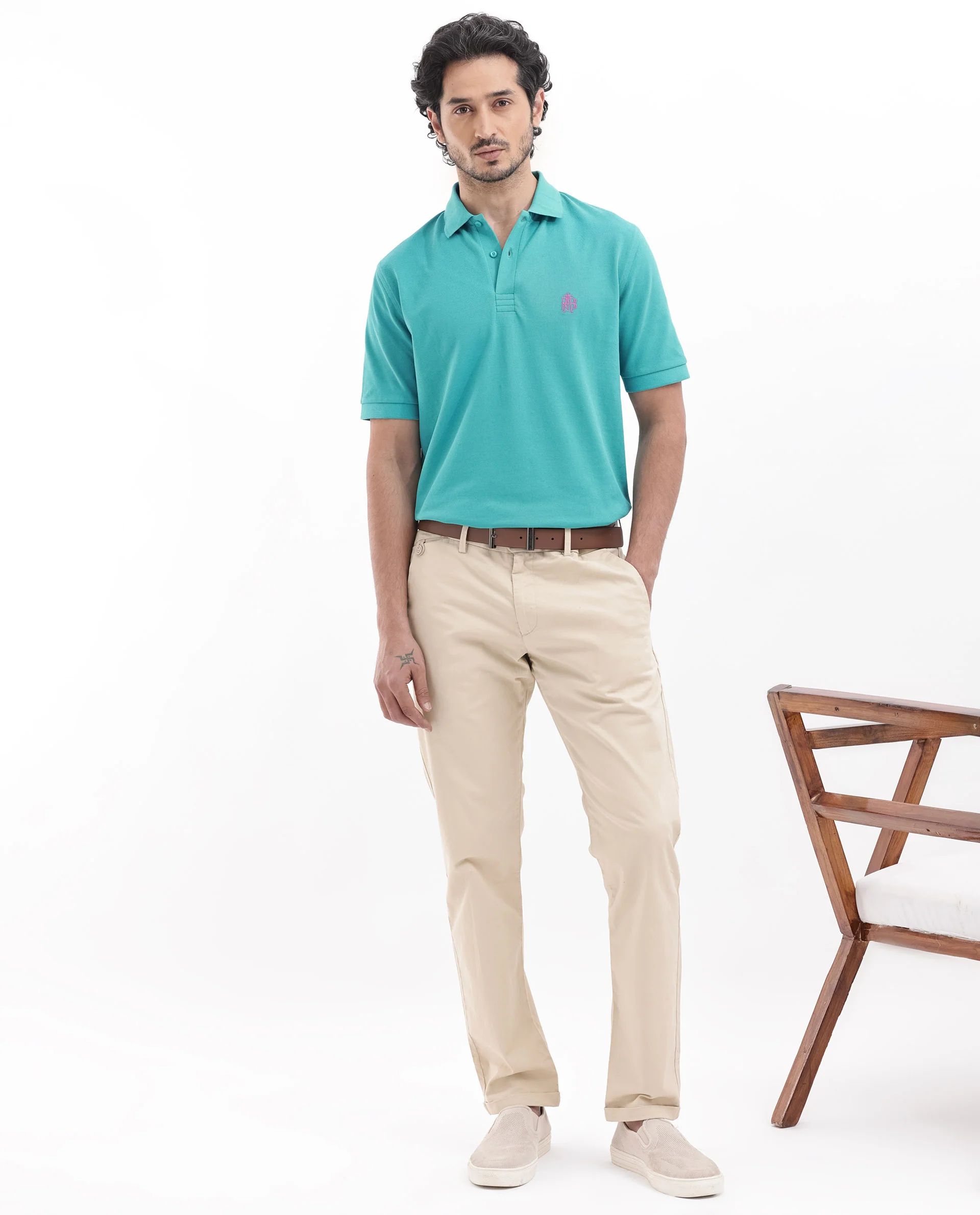 Rare Rabbit Men's Paret-Bright Aqua Cotton Embroidered Regular Fit Half Sleeve Polo - Image 2