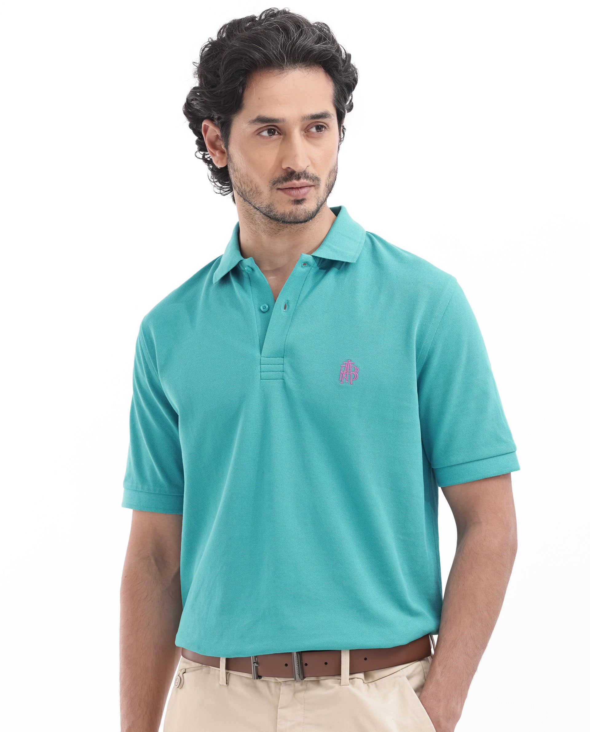 Rare Rabbit Men's Paret-Bright Aqua Cotton Embroidered Regular Fit Half Sleeve Polo - Image 3