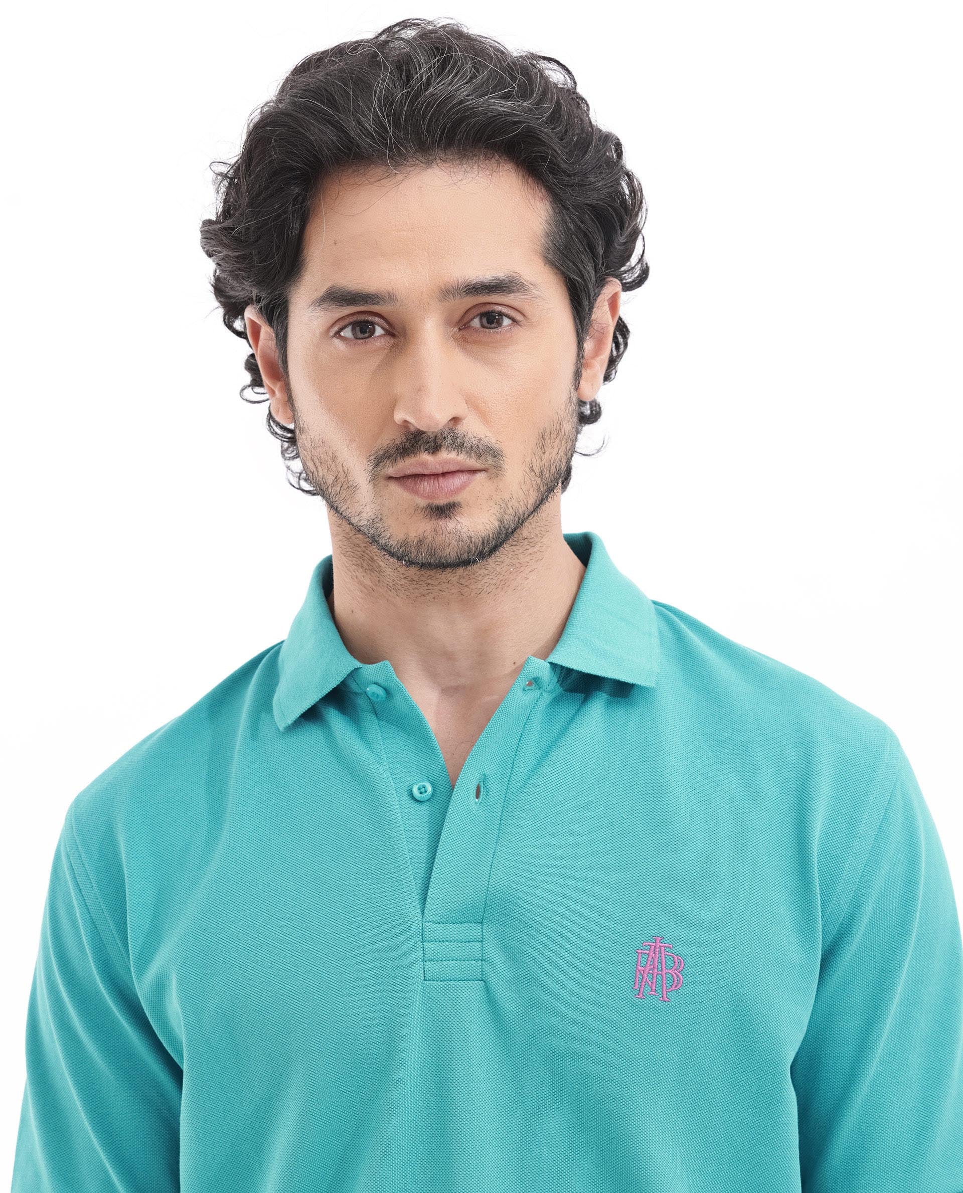 Rare Rabbit Men's Paret-Bright Aqua Cotton Embroidered Regular Fit Half Sleeve Polo - Image 4