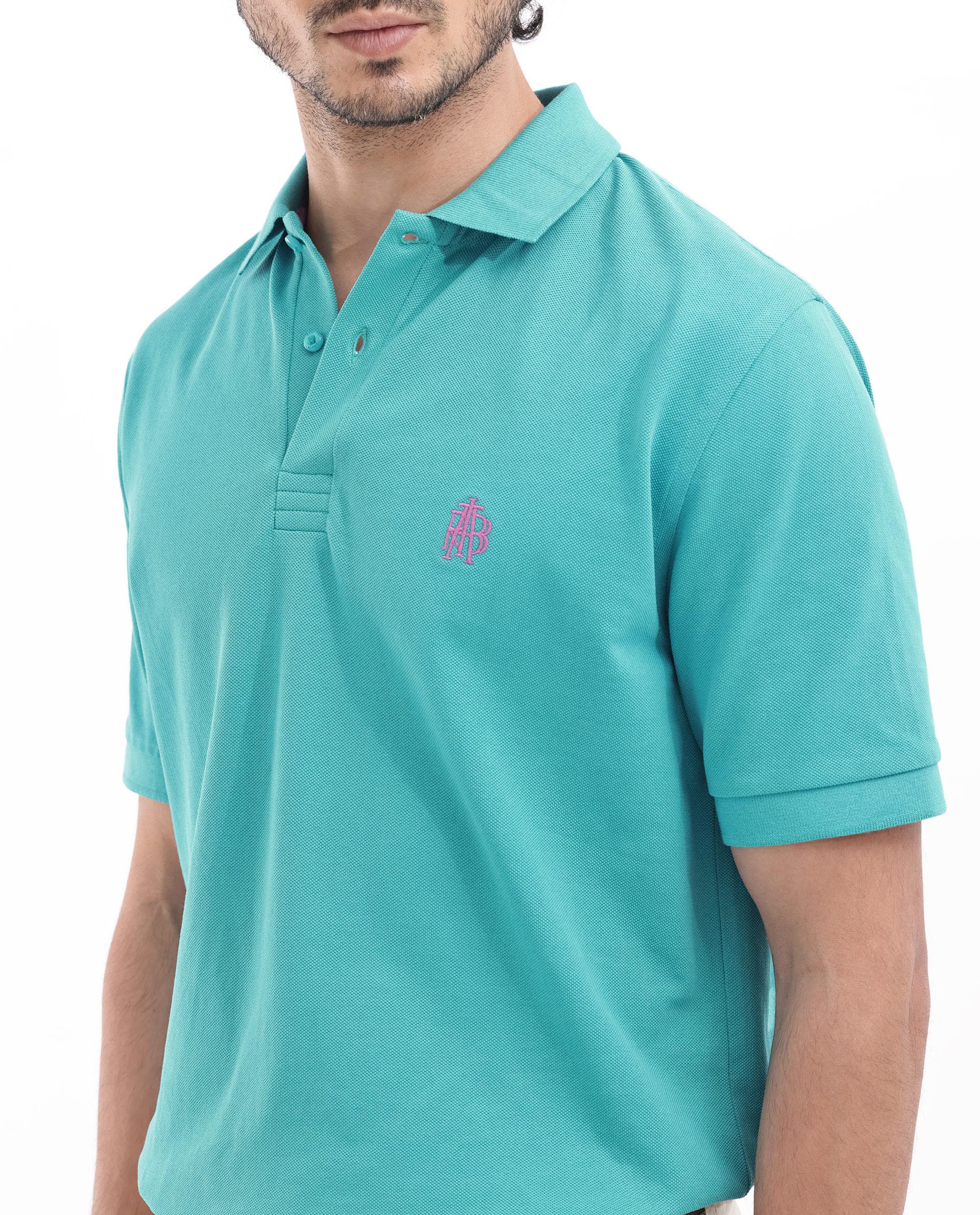 Rare Rabbit Men's Paret-Bright Aqua Cotton Embroidered Regular Fit Half Sleeve Polo - Image 5