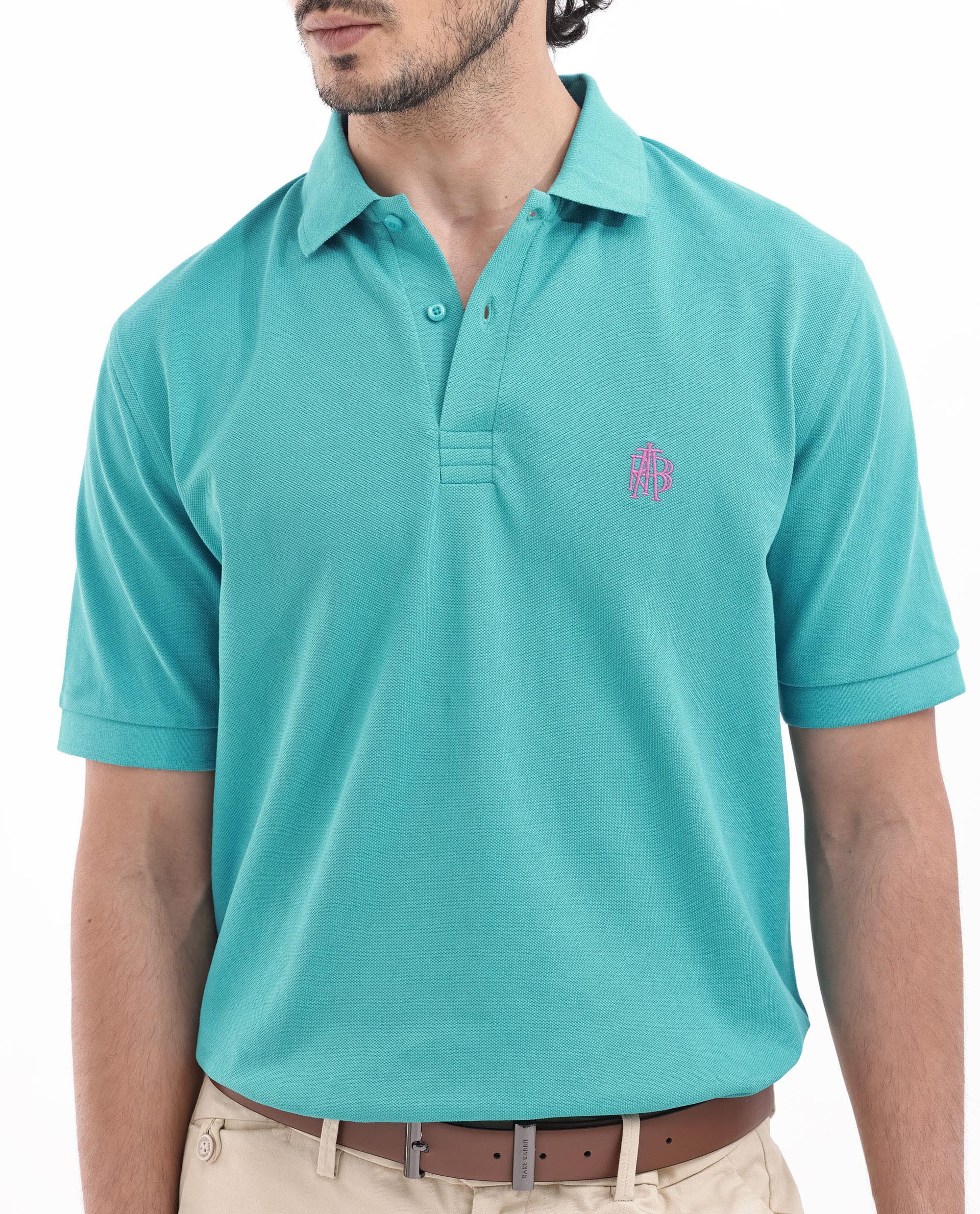 Rare Rabbit Men's Paret-Bright Aqua Cotton Embroidered Regular Fit Half Sleeve Polo - Image 6