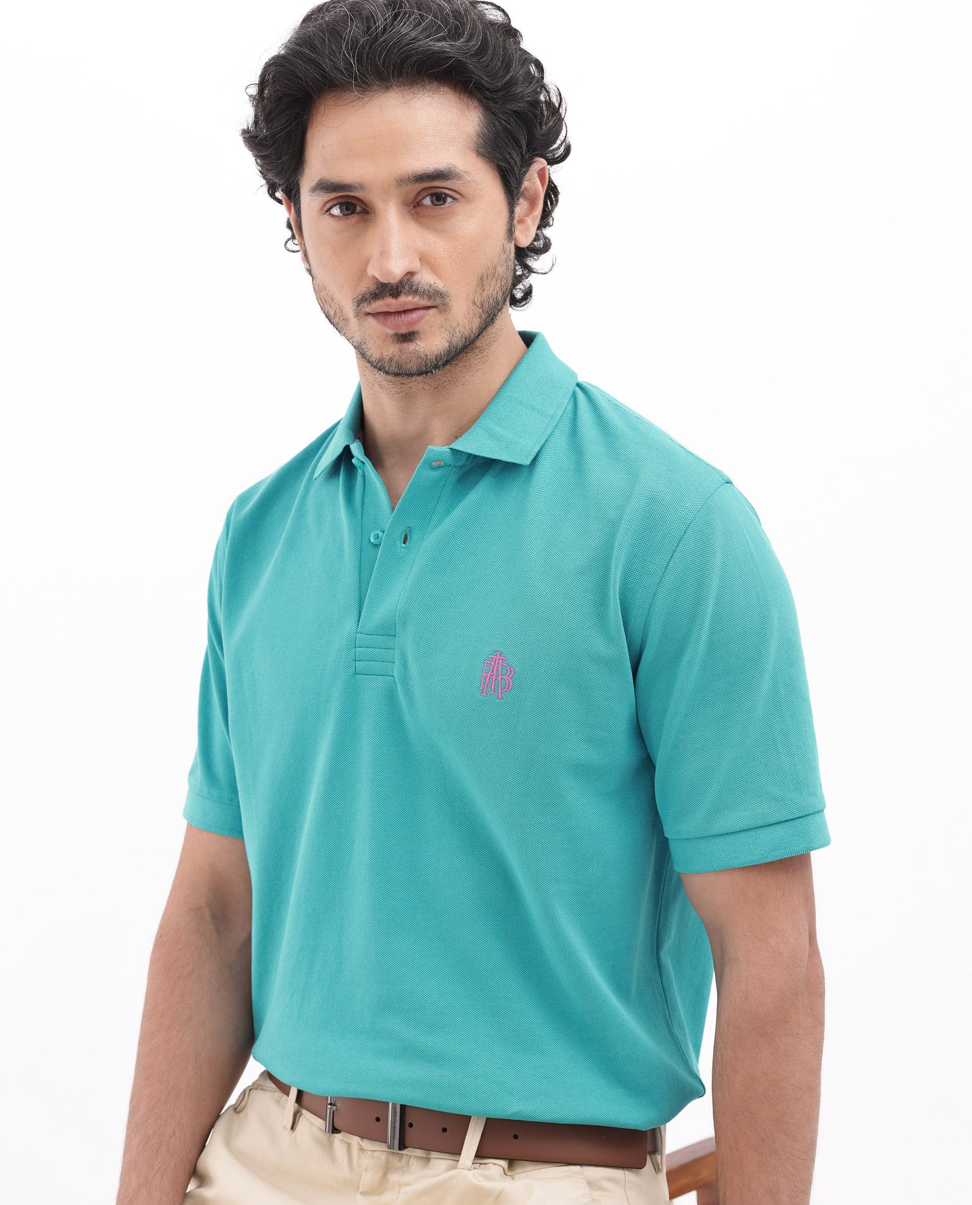 Rare Rabbit Men's Paret-Bright Aqua Cotton Embroidered Regular Fit Half Sleeve Polo - Image 8