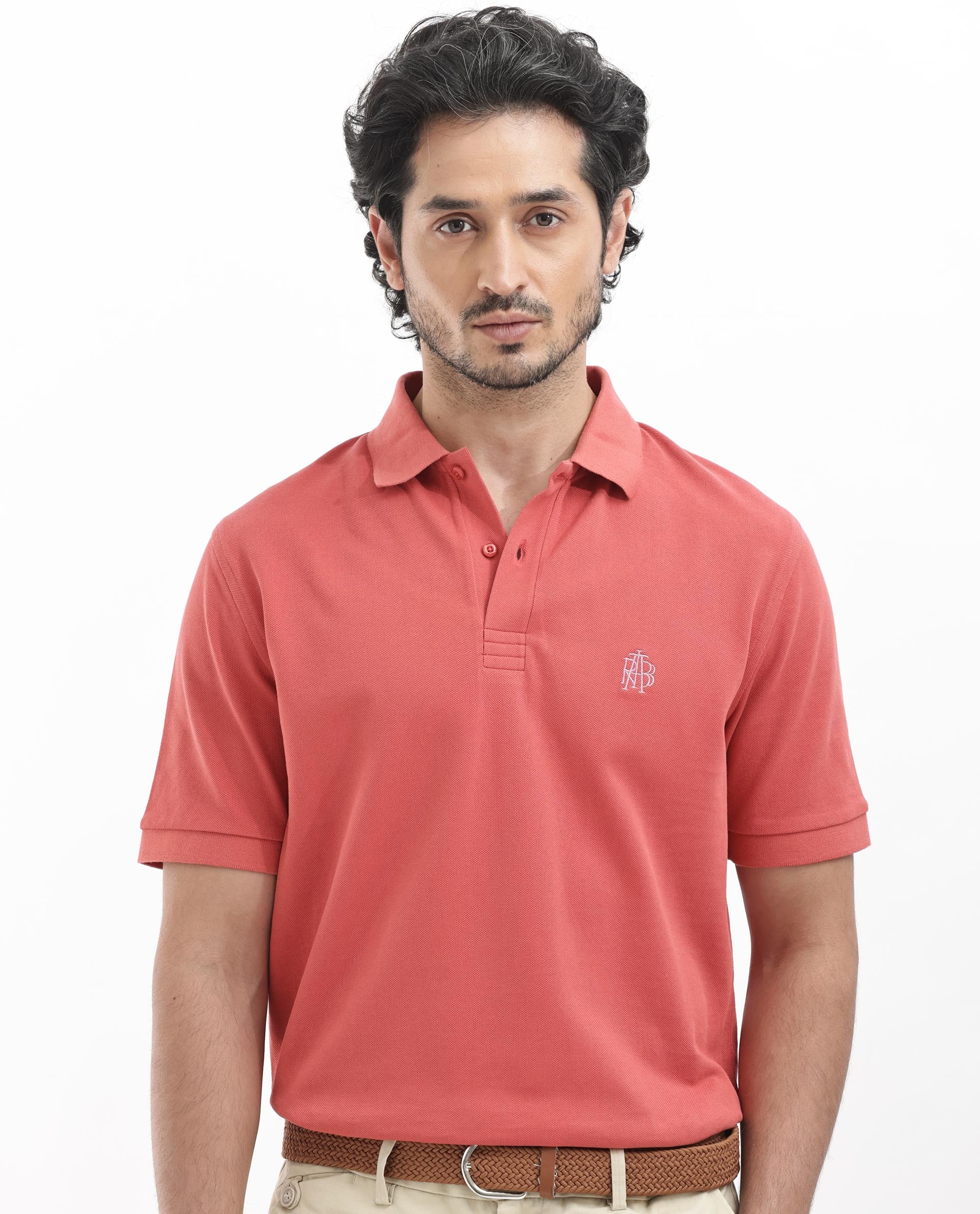Rare Rabbit Men's Paret-Bright Orange Cotton Embroidered Regular Fit Half Sleeve Polo