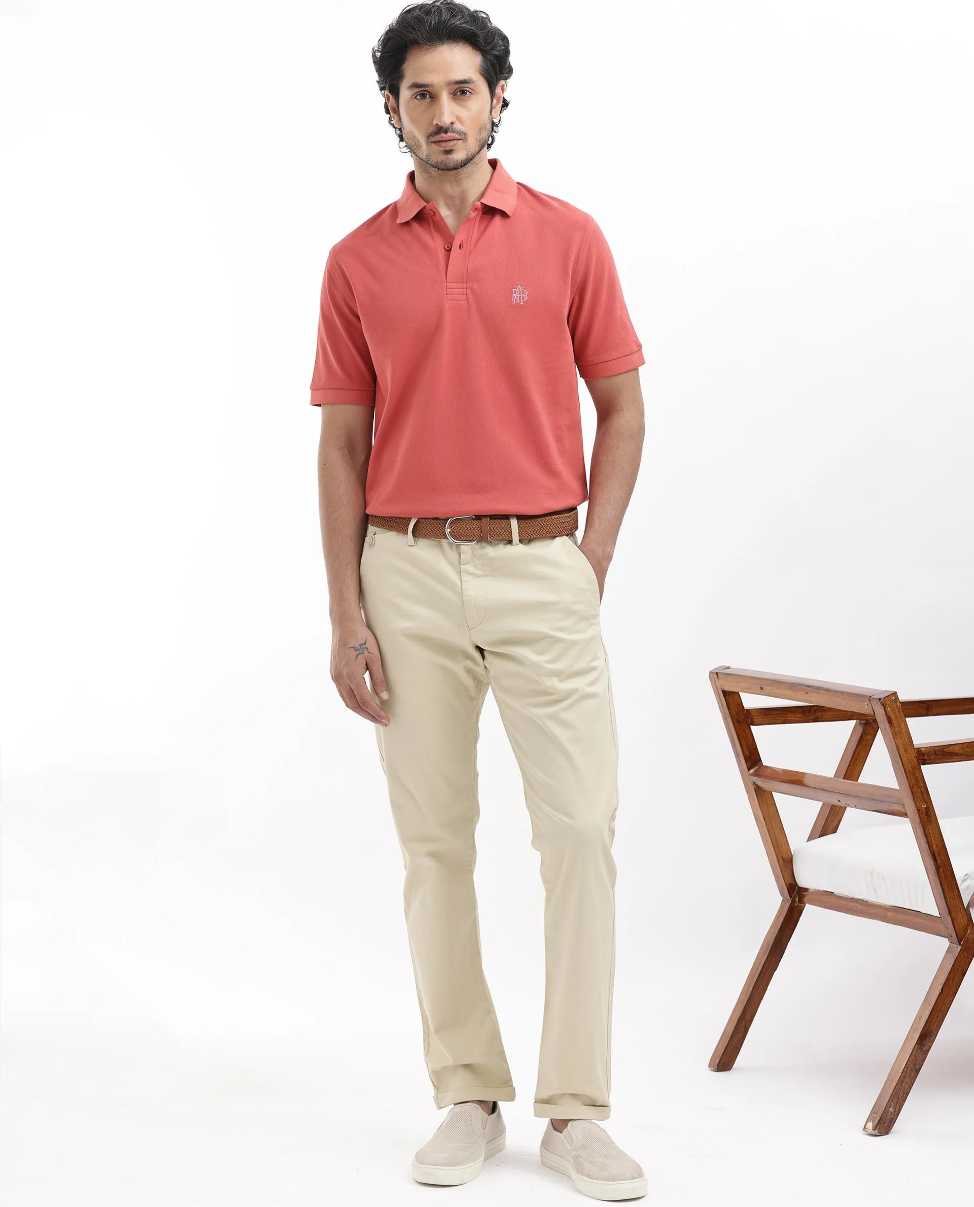 Rare Rabbit Men's Paret-Bright Orange Cotton Embroidered Regular Fit Half Sleeve Polo - Image 2