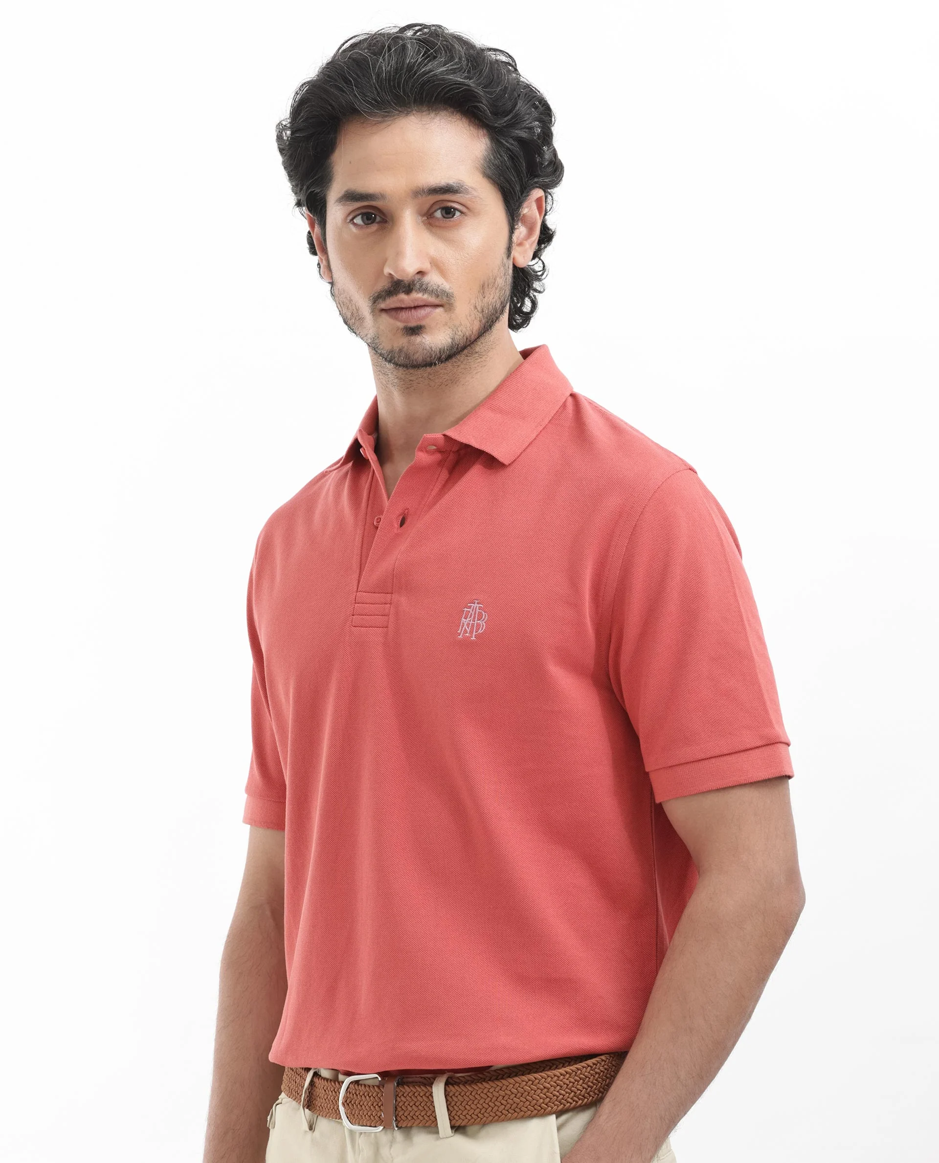 Rare Rabbit Men's Paret-Bright Orange Cotton Embroidered Regular Fit Half Sleeve Polo - Image 3