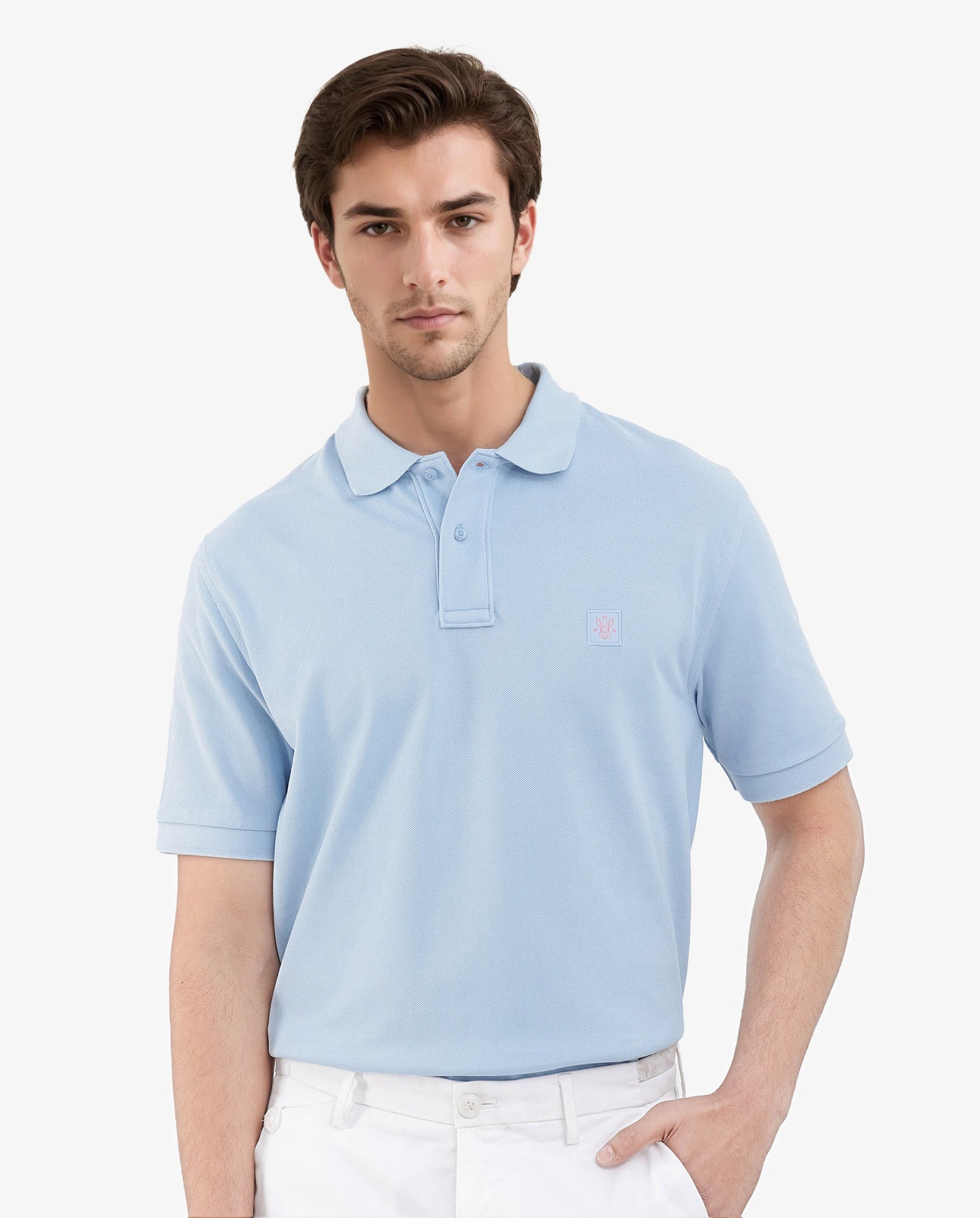 Rare Rabbit Men's Paret - Pastel Pastel Blue Cotton Embroidered Regular Fit Half Sleeve Polo