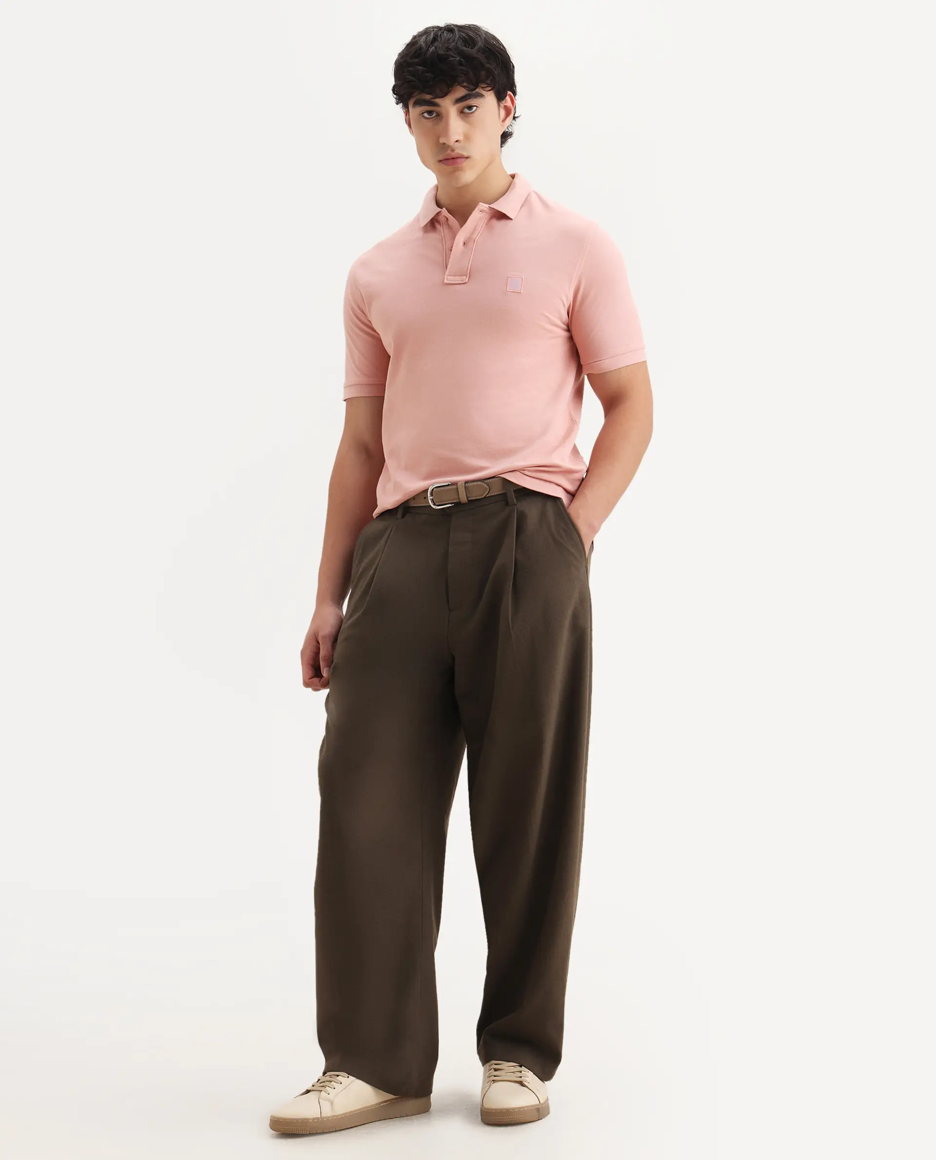 Rare Rabbit Men's Paret-Pastel Pastel Peach Cotton Embroidered Regular Fit Half Sleeve Polo - Image 2