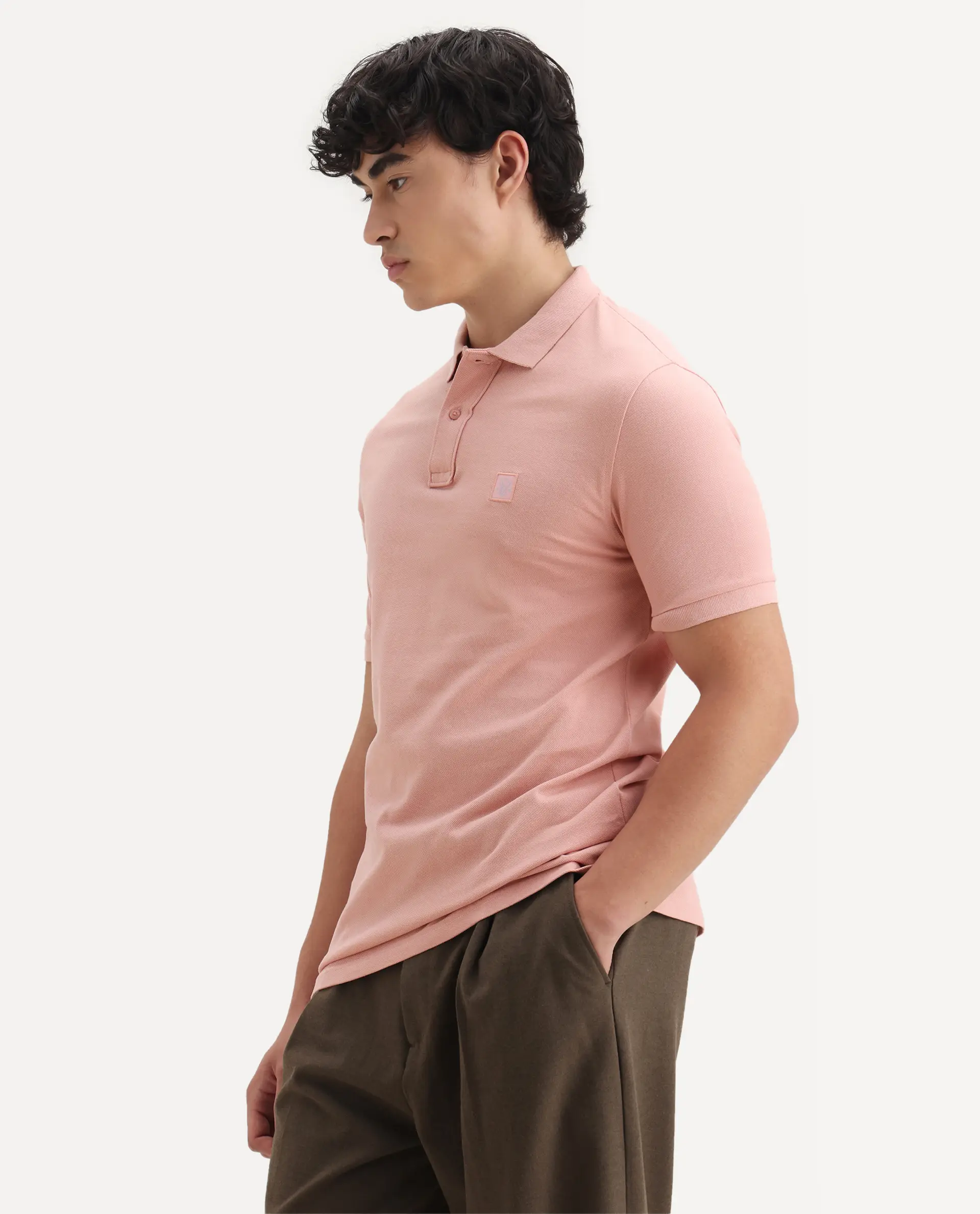 Rare Rabbit Men's Paret-Pastel Pastel Peach Cotton Embroidered Regular Fit Half Sleeve Polo - Image 4