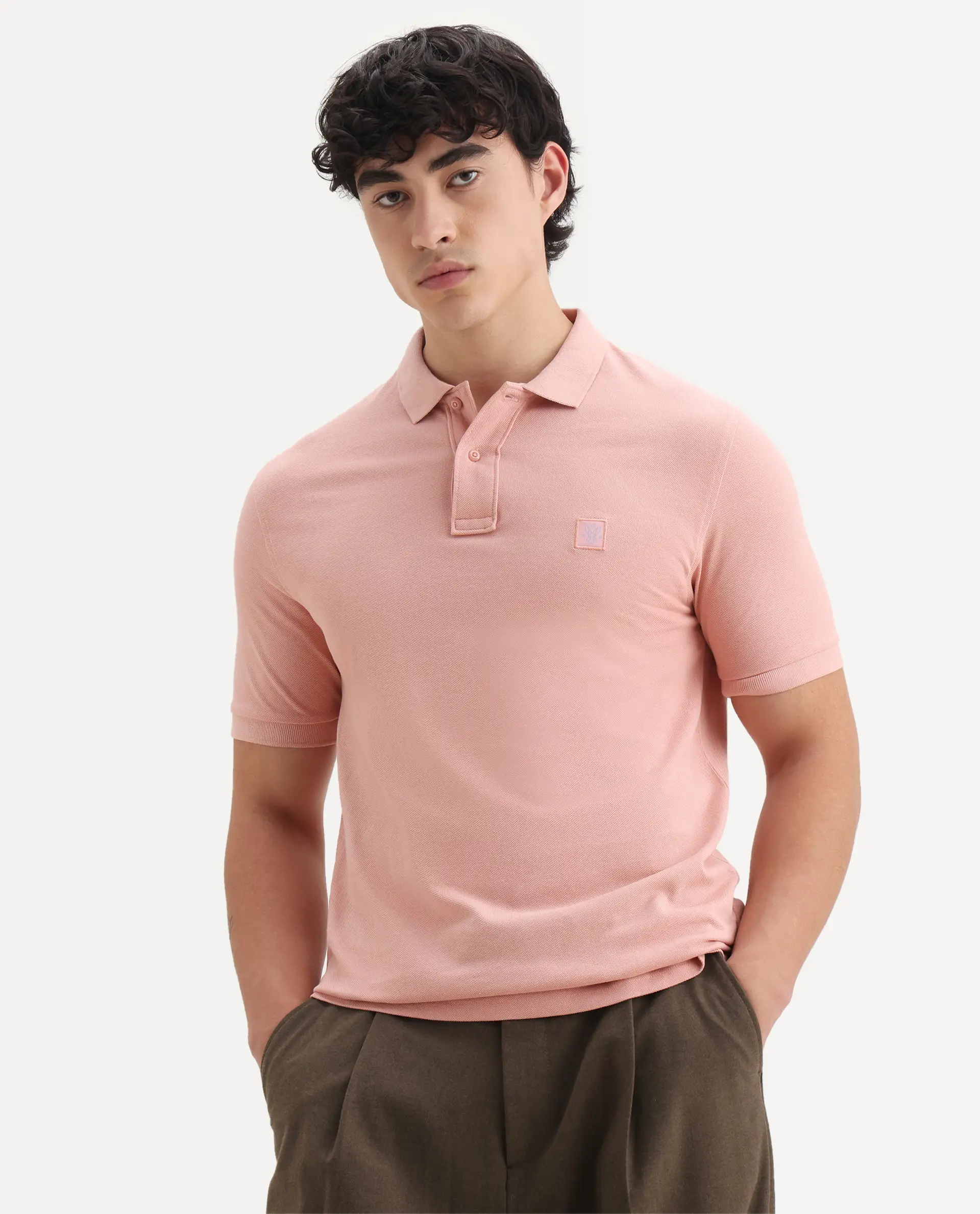 Rare Rabbit Men's Paret-Pastel Pastel Peach Cotton Embroidered Regular Fit Half Sleeve Polo - Image 5