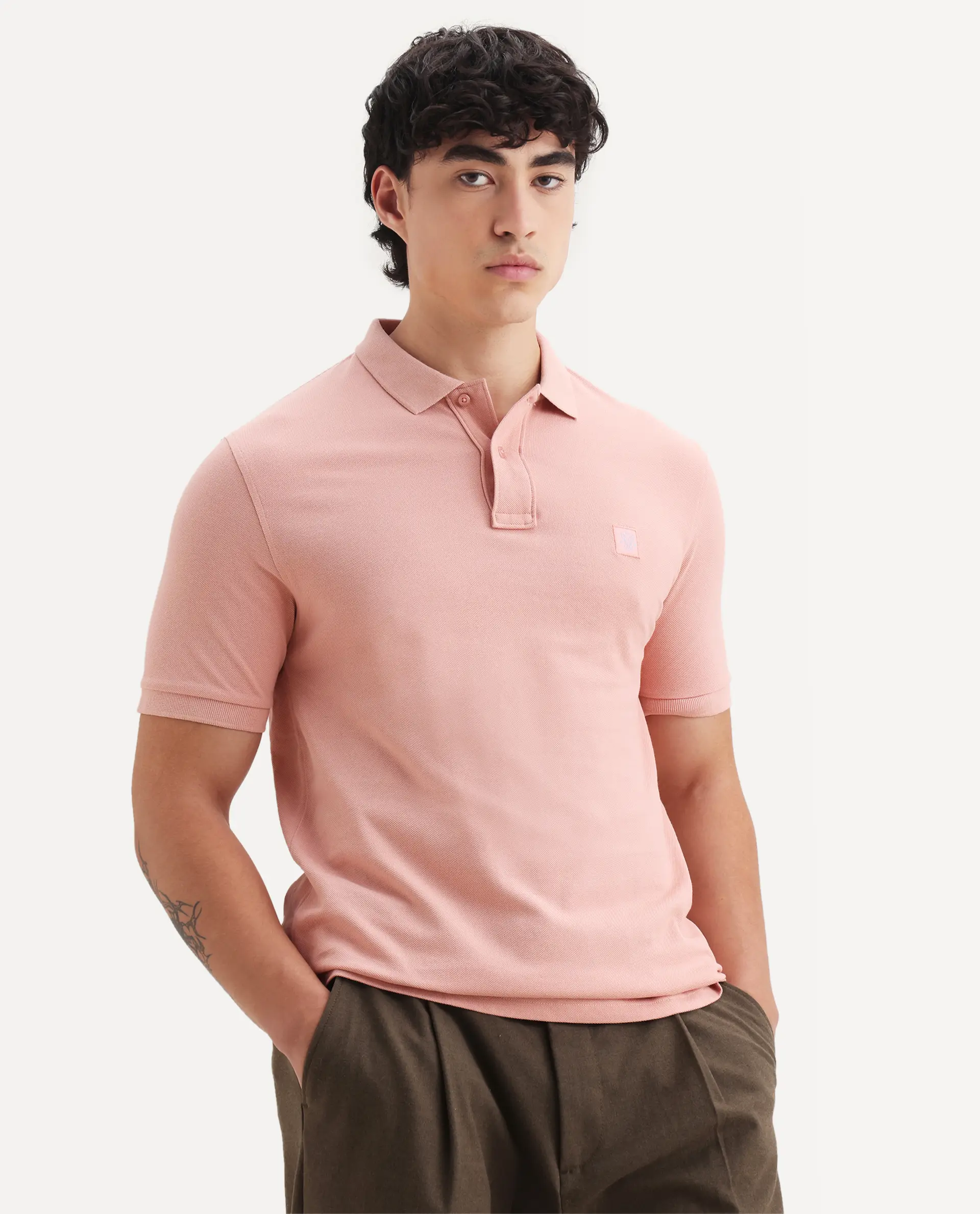 Rare Rabbit Men's Paret-Pastel Pastel Peach Cotton Embroidered Regular Fit Half Sleeve Polo - Image 6