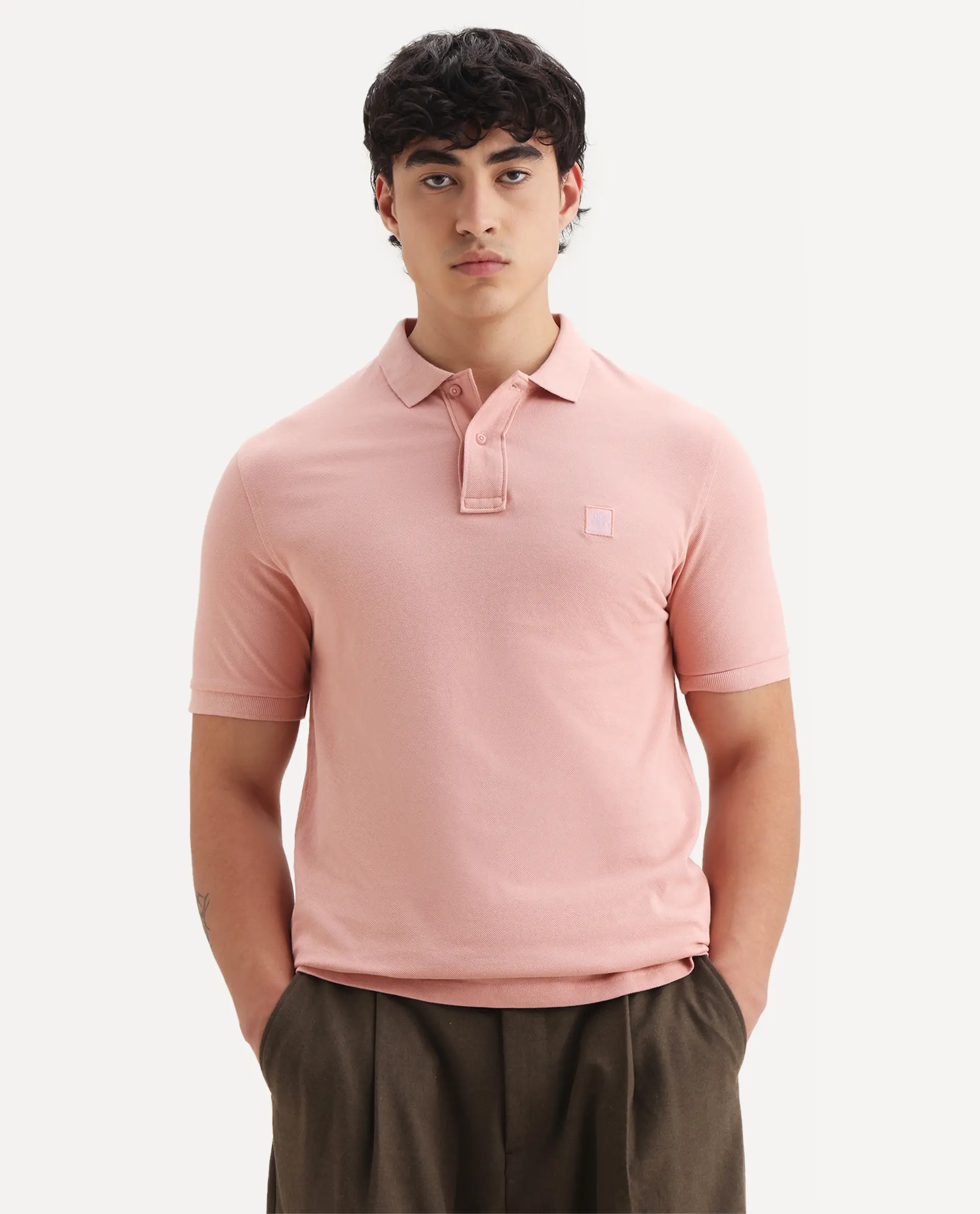 Rare Rabbit Men's Paret-Pastel Pastel Peach Cotton Embroidered Regular Fit Half Sleeve Polo - Image 7