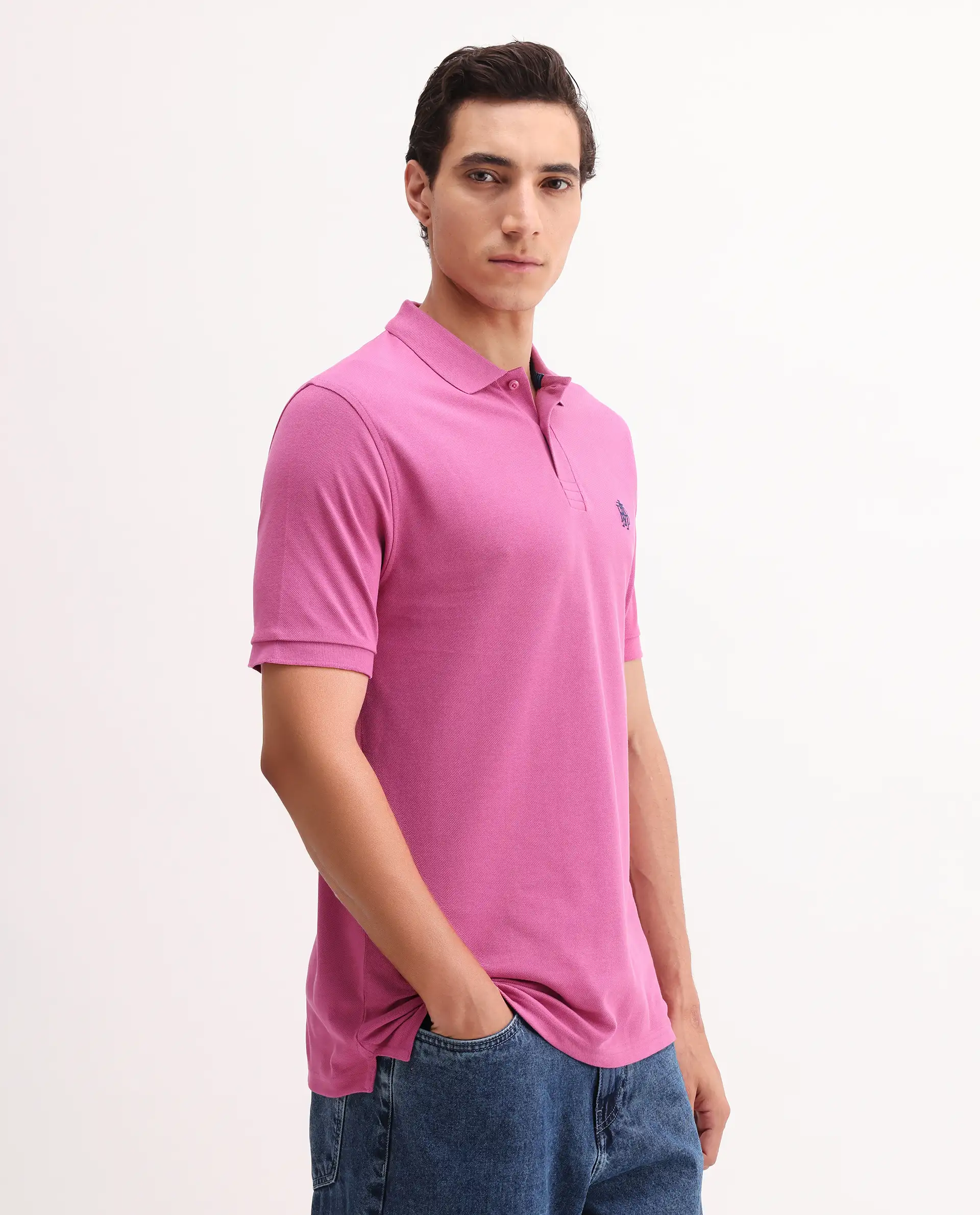 Rare Rabbit Men's Paret-Bright Flouroscent Pink Cotton Embroidered Regular Fit Half Sleeve Polo - Image 4
