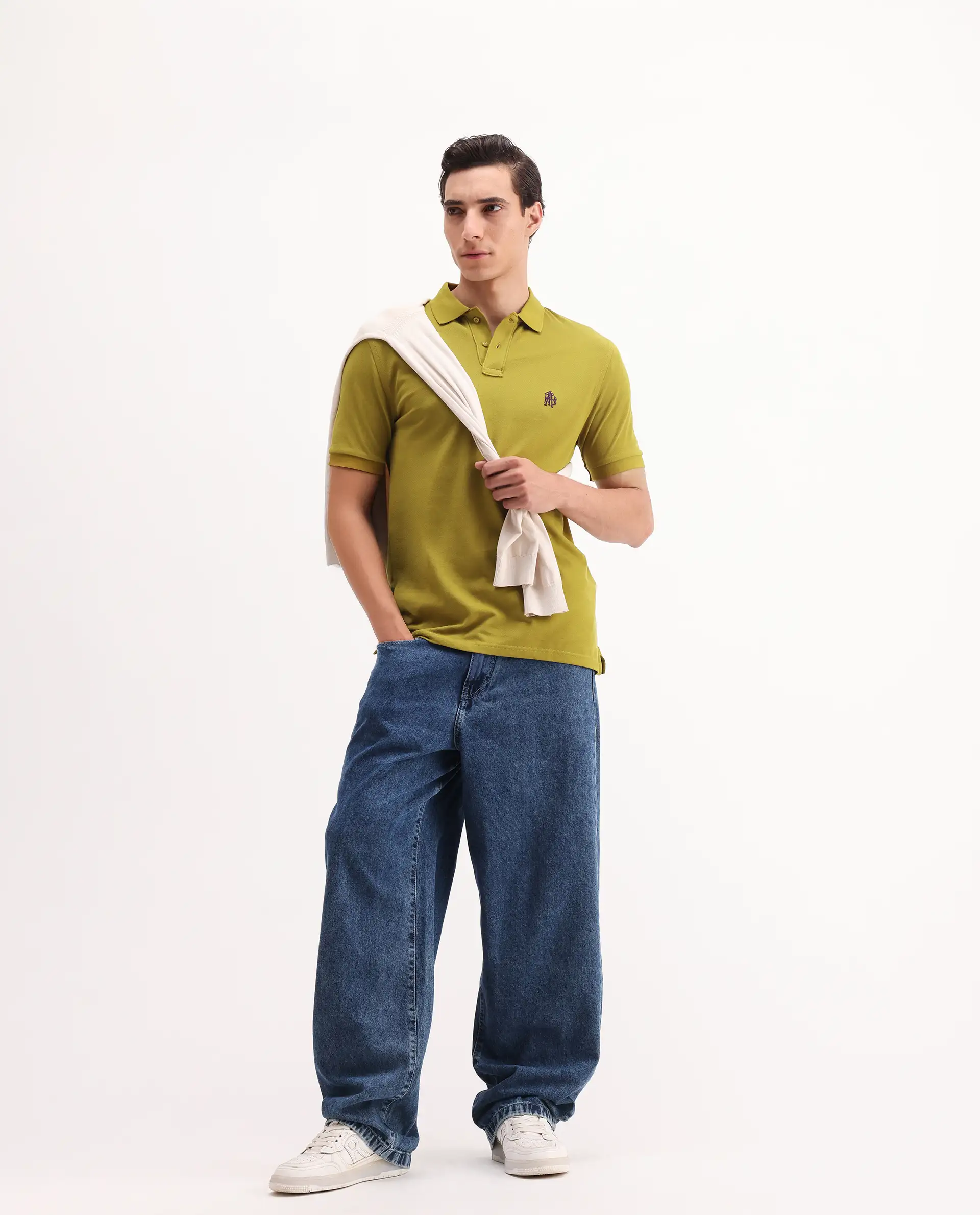 Rare Rabbit Men's Pareto Flouroscent Olive Cotton Embroidered Regular Fit Half Sleeve Polo - Image 2