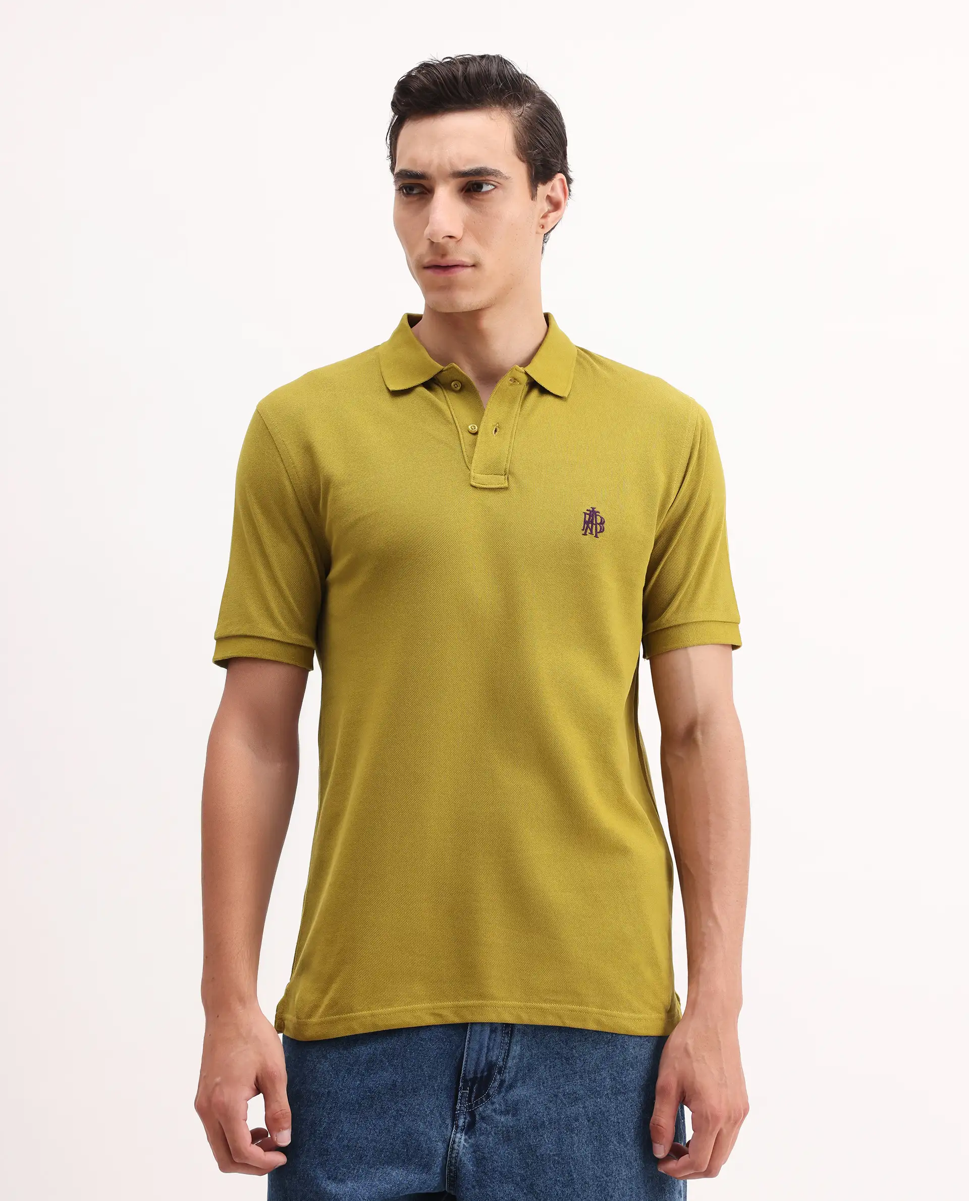 Rare Rabbit Men's Pareto Flouroscent Olive Cotton Embroidered Regular Fit Half Sleeve Polo - Image 3