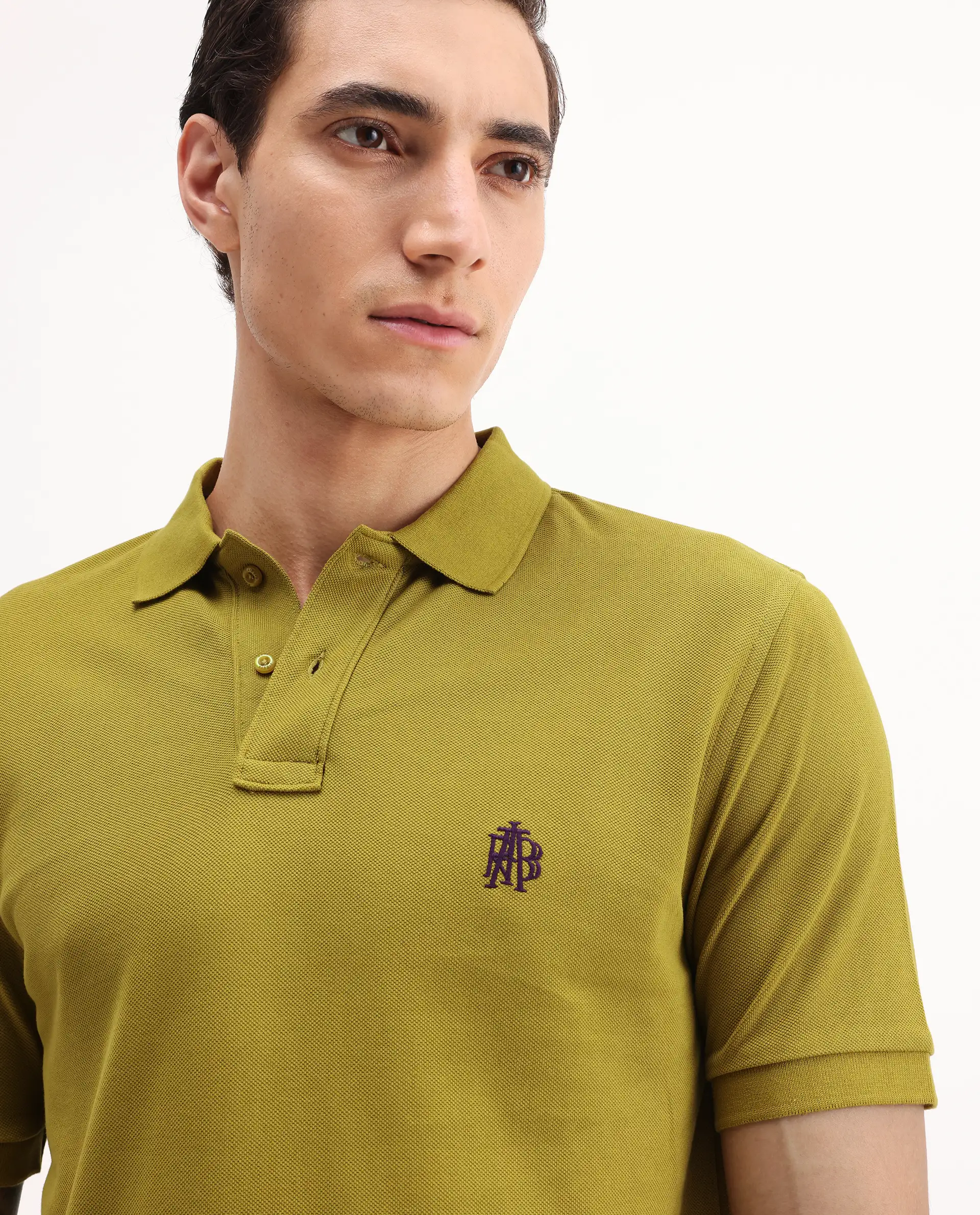 Rare Rabbit Men's Pareto Flouroscent Olive Cotton Embroidered Regular Fit Half Sleeve Polo - Image 4
