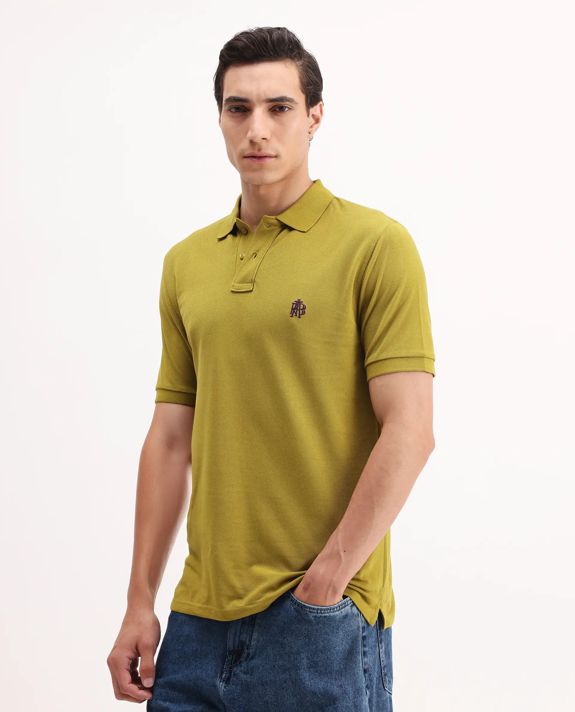 Rare Rabbit Men's Pareto Flouroscent Olive Cotton Embroidered Regular Fit Half Sleeve Polo - Image 5