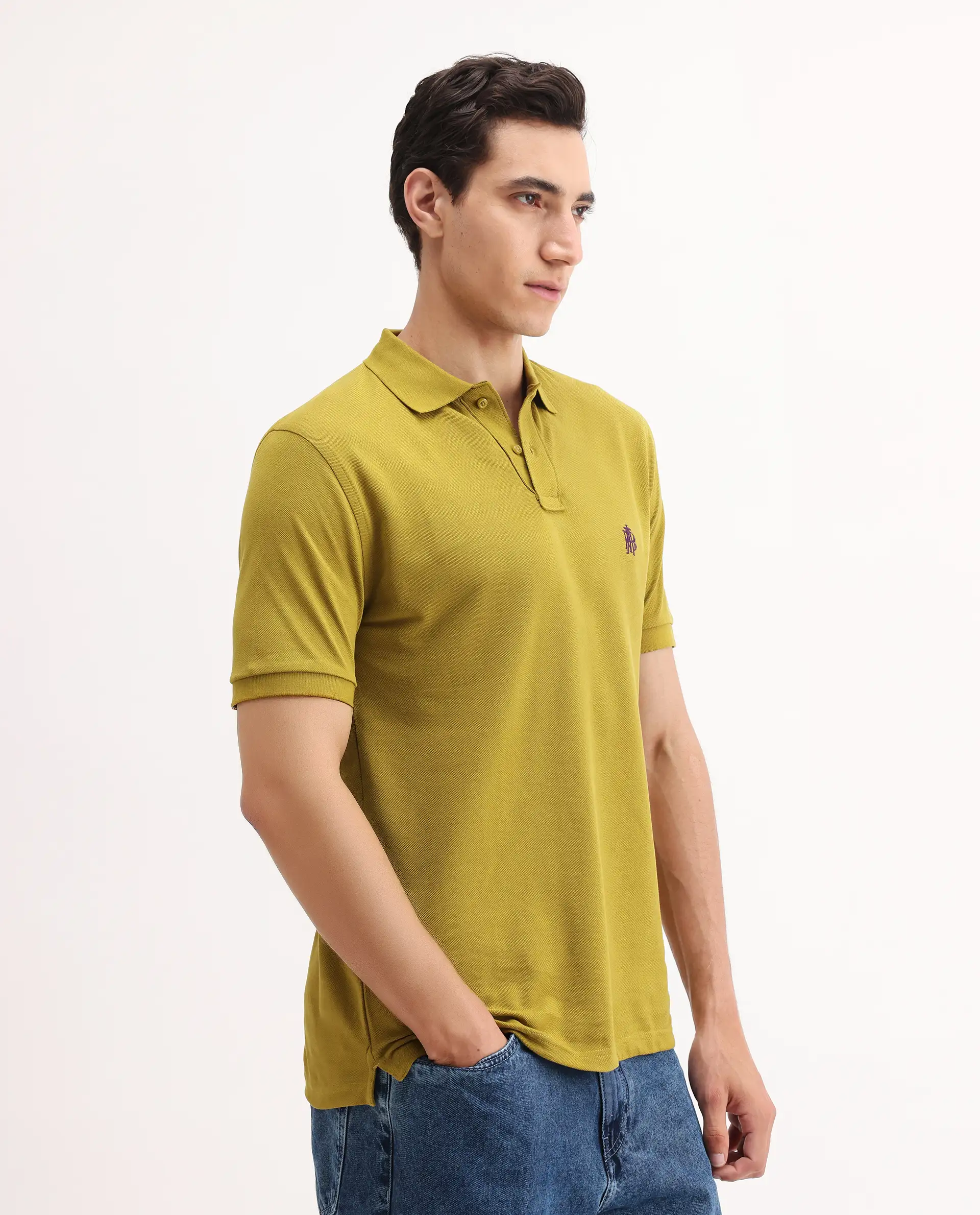 Rare Rabbit Men's Pareto Flouroscent Olive Cotton Embroidered Regular Fit Half Sleeve Polo - Image 6