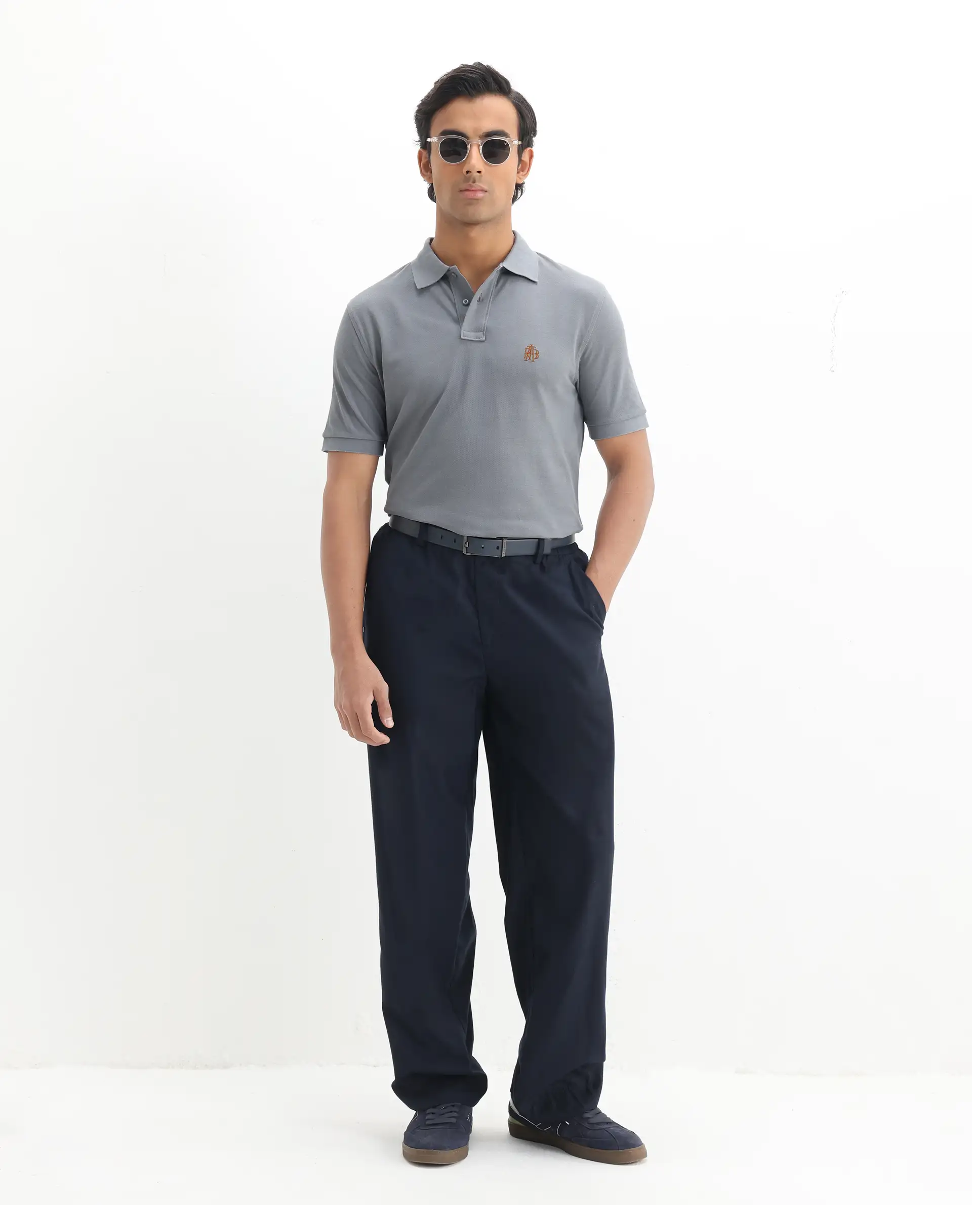 Rare Rabbit Men's Pareto Grey Cotton Embroidered Regular Fit Half Sleeve Polo - Image 2