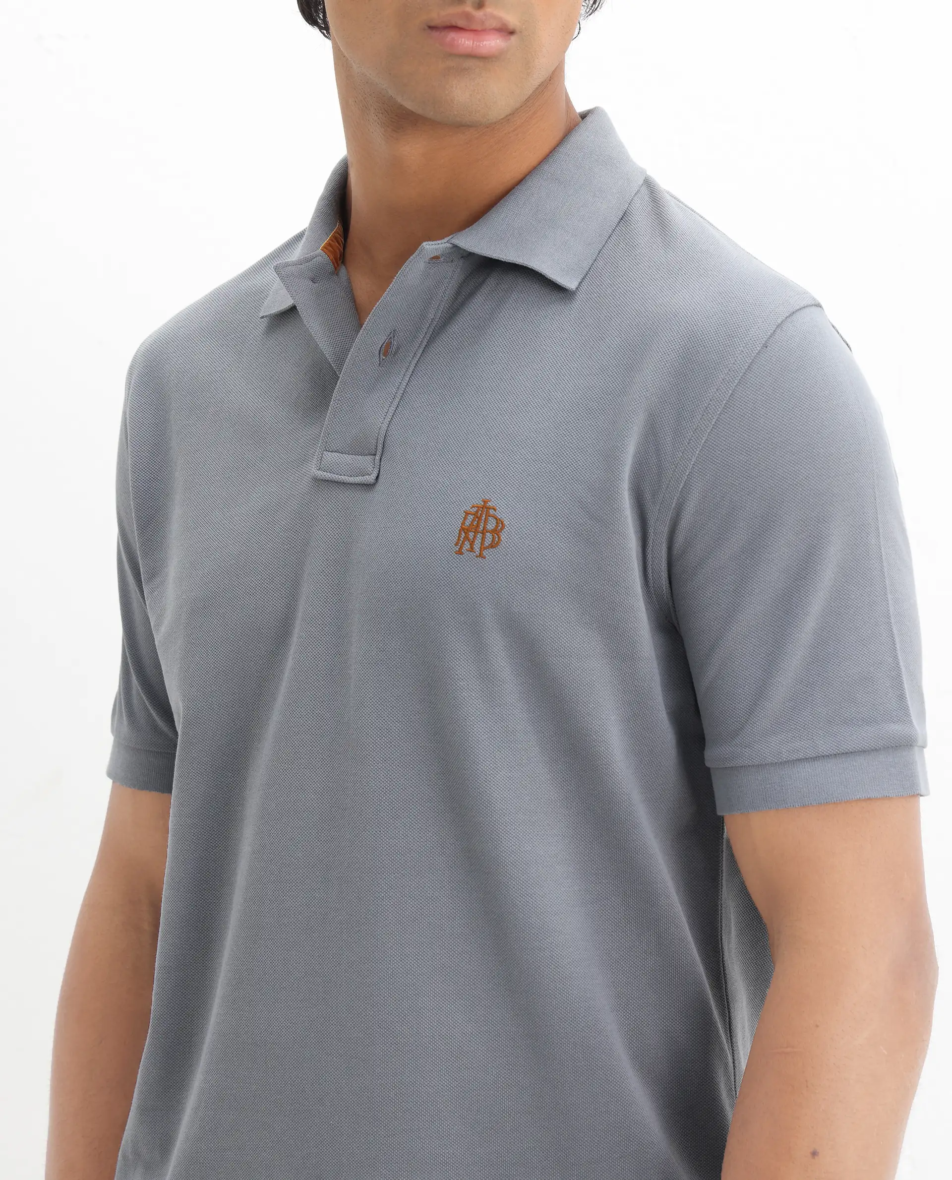 Rare Rabbit Men's Pareto Grey Cotton Embroidered Regular Fit Half Sleeve Polo - Image 3