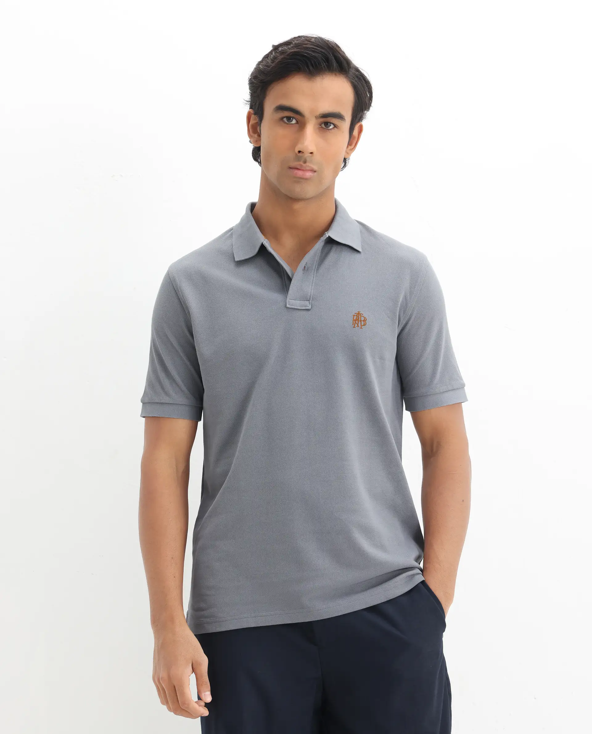 Rare Rabbit Men's Pareto Grey Cotton Embroidered Regular Fit Half Sleeve Polo - Image 4