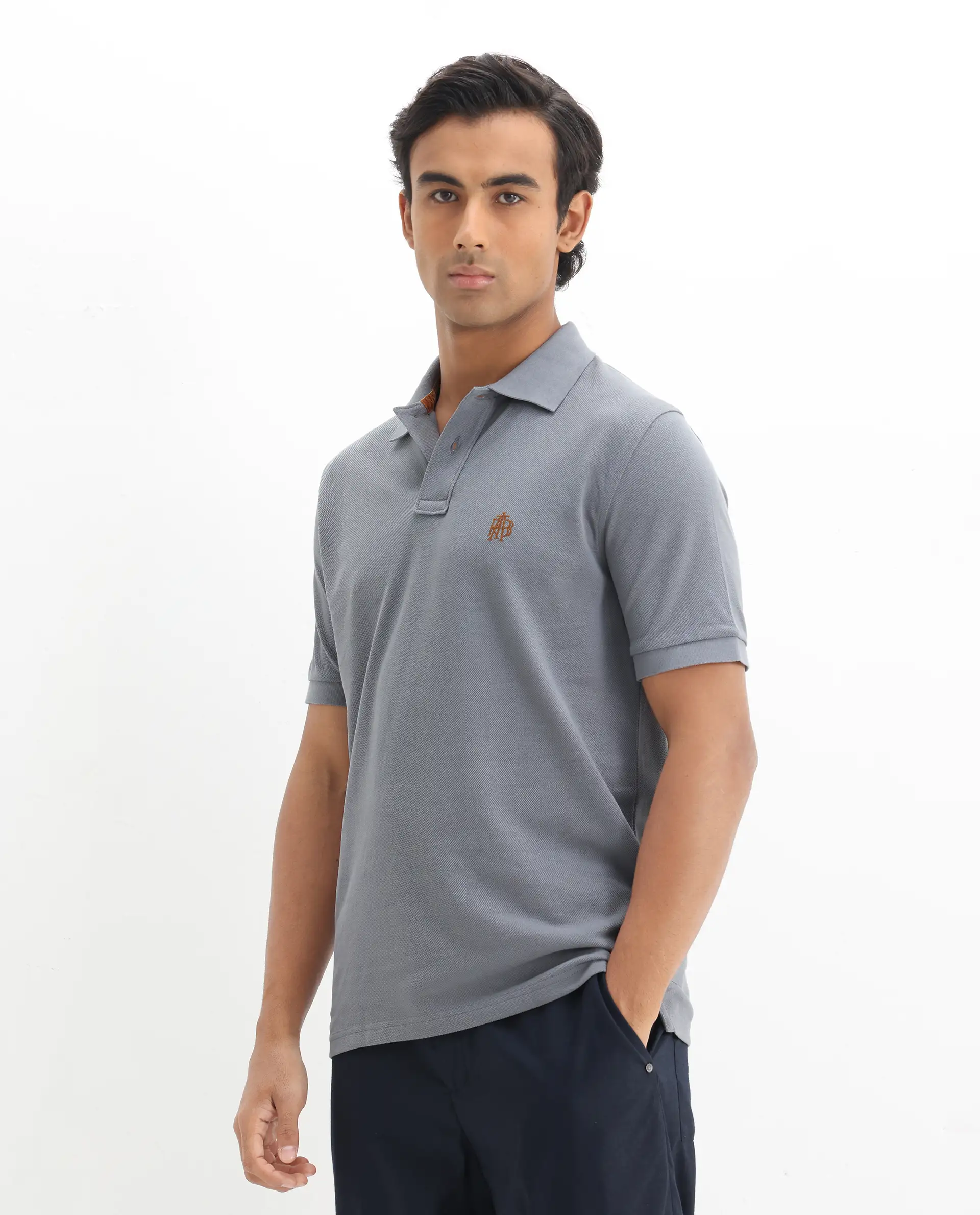 Rare Rabbit Men's Pareto Grey Cotton Embroidered Regular Fit Half Sleeve Polo - Image 5