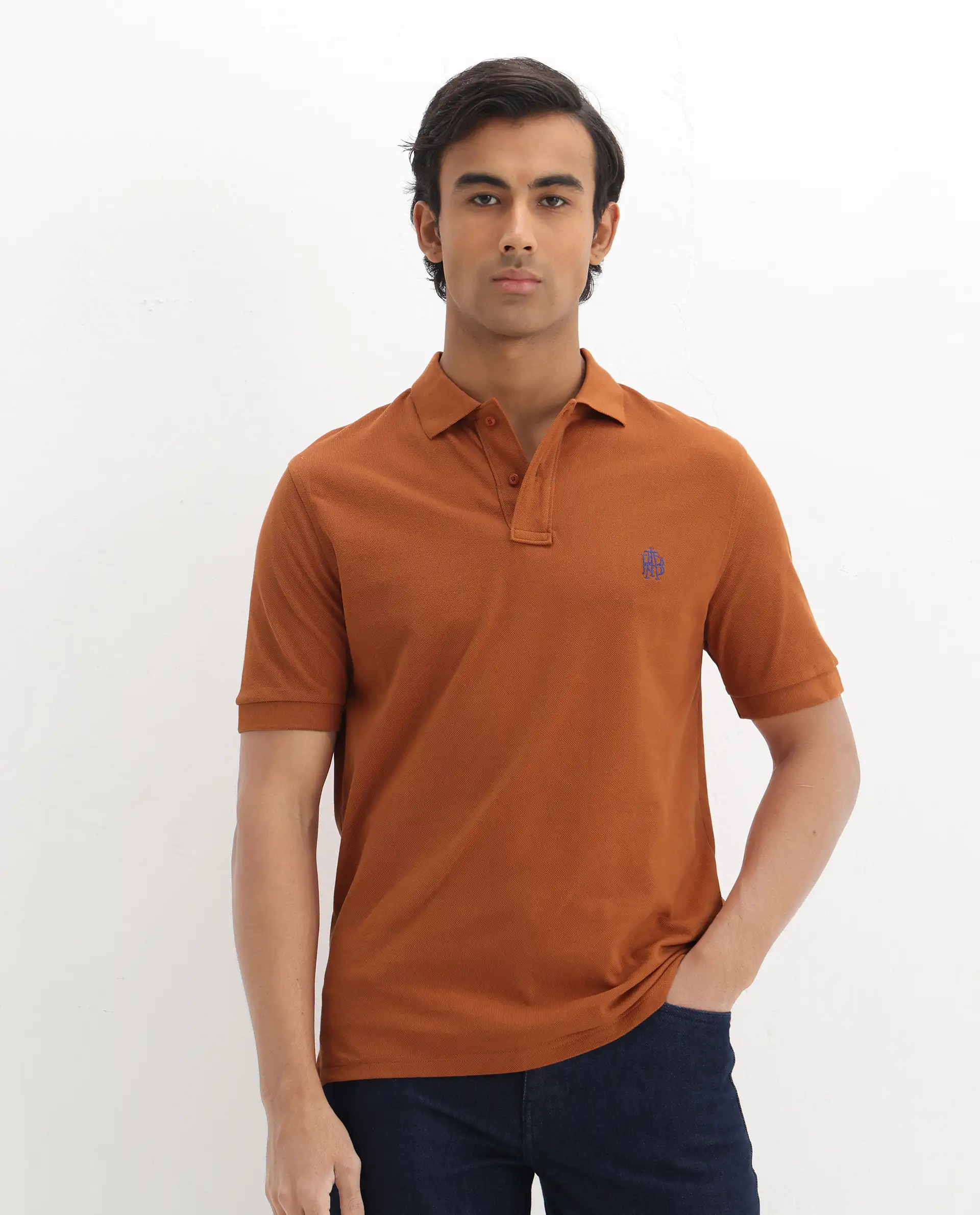 Rare Rabbit Men's Pareto Rust Cotton Embroidered Regular Fit Half Sleeve Polo - Image 4