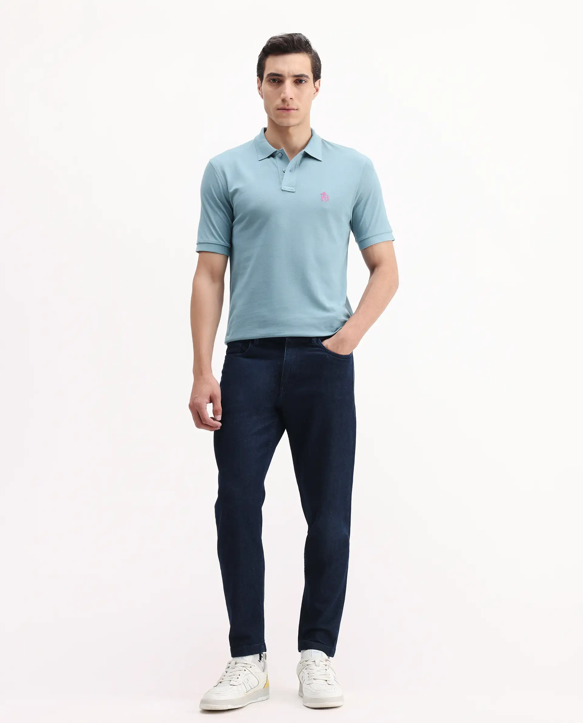 Rare Rabbit Men's Pareto Teal Cotton Embroidered Regular Fit Half Sleeve Polo - Image 2