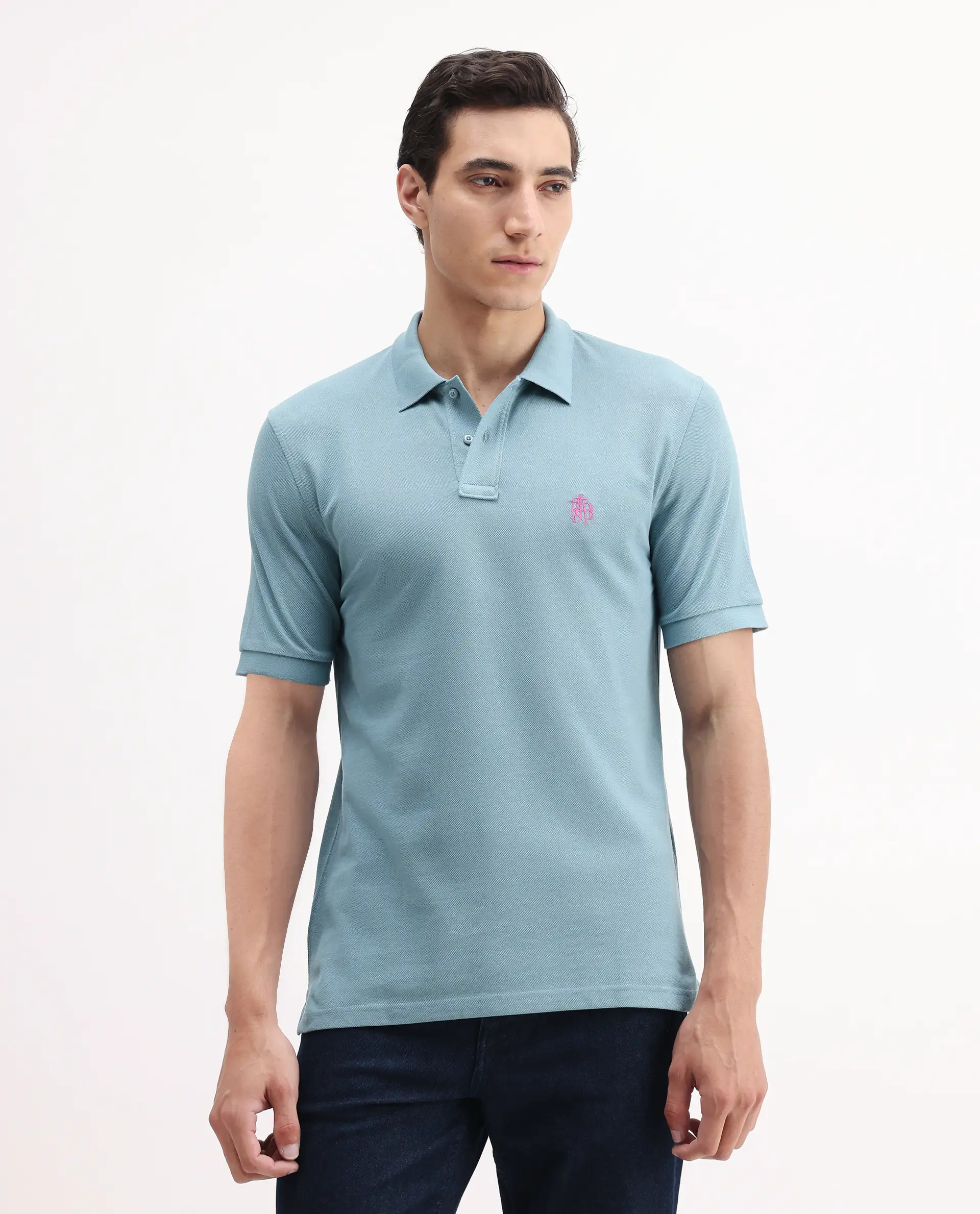 Rare Rabbit Men's Pareto Teal Cotton Embroidered Regular Fit Half Sleeve Polo - Image 3