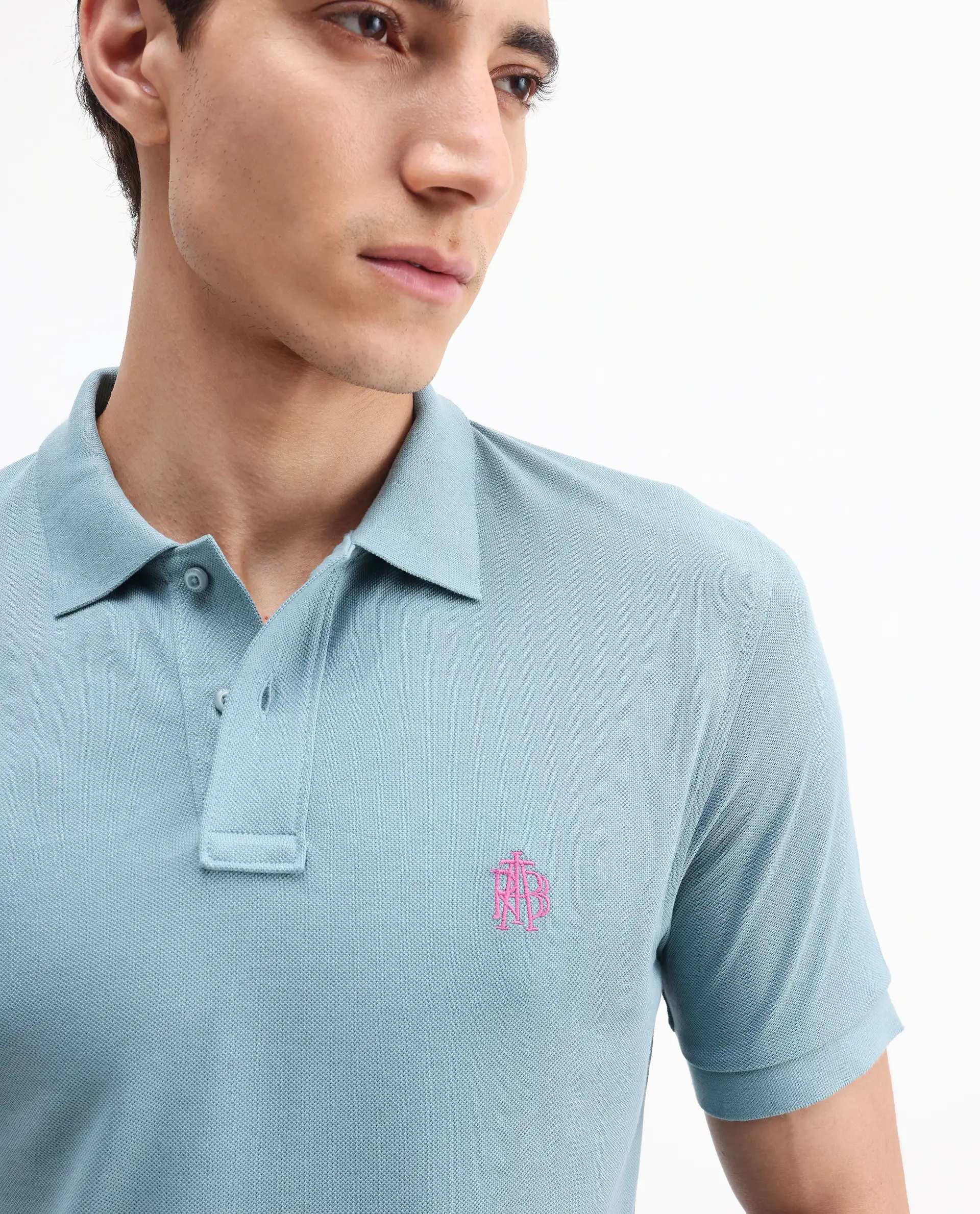 Rare Rabbit Men's Pareto Teal Cotton Embroidered Regular Fit Half Sleeve Polo - Image 4
